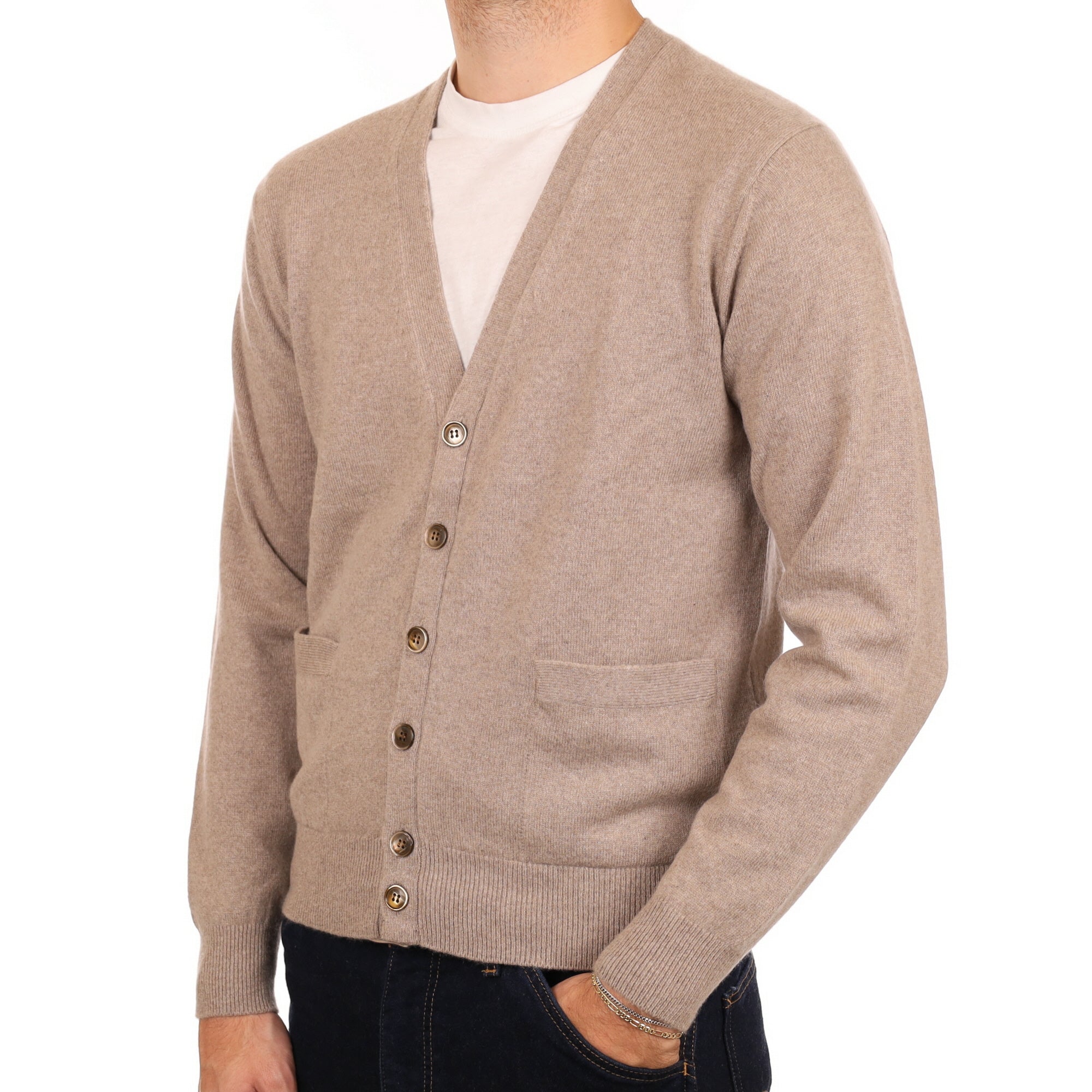 Men's Fawn Beige Cashmere V Neck Cardigan Medium