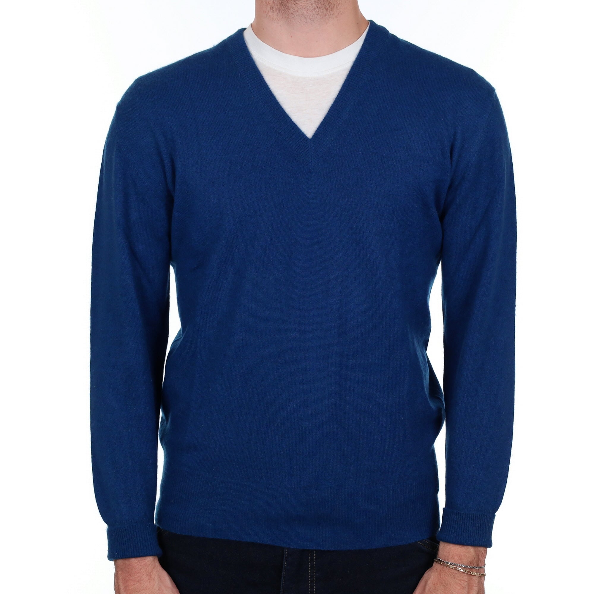 Men's Admiral Blue Cashmere V Neck Jumper Medium