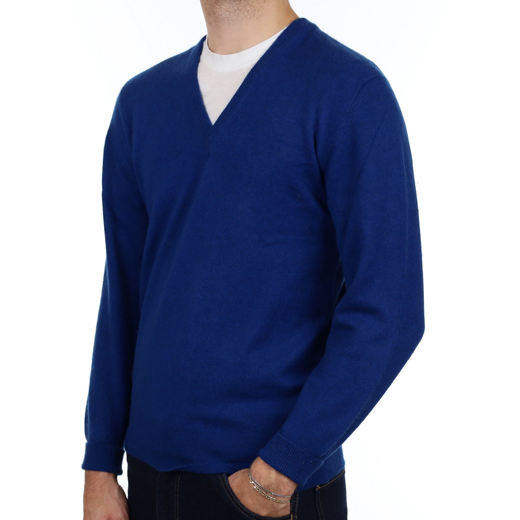 Men's Admiral Blue Cashmere V Neck Jumper Medium