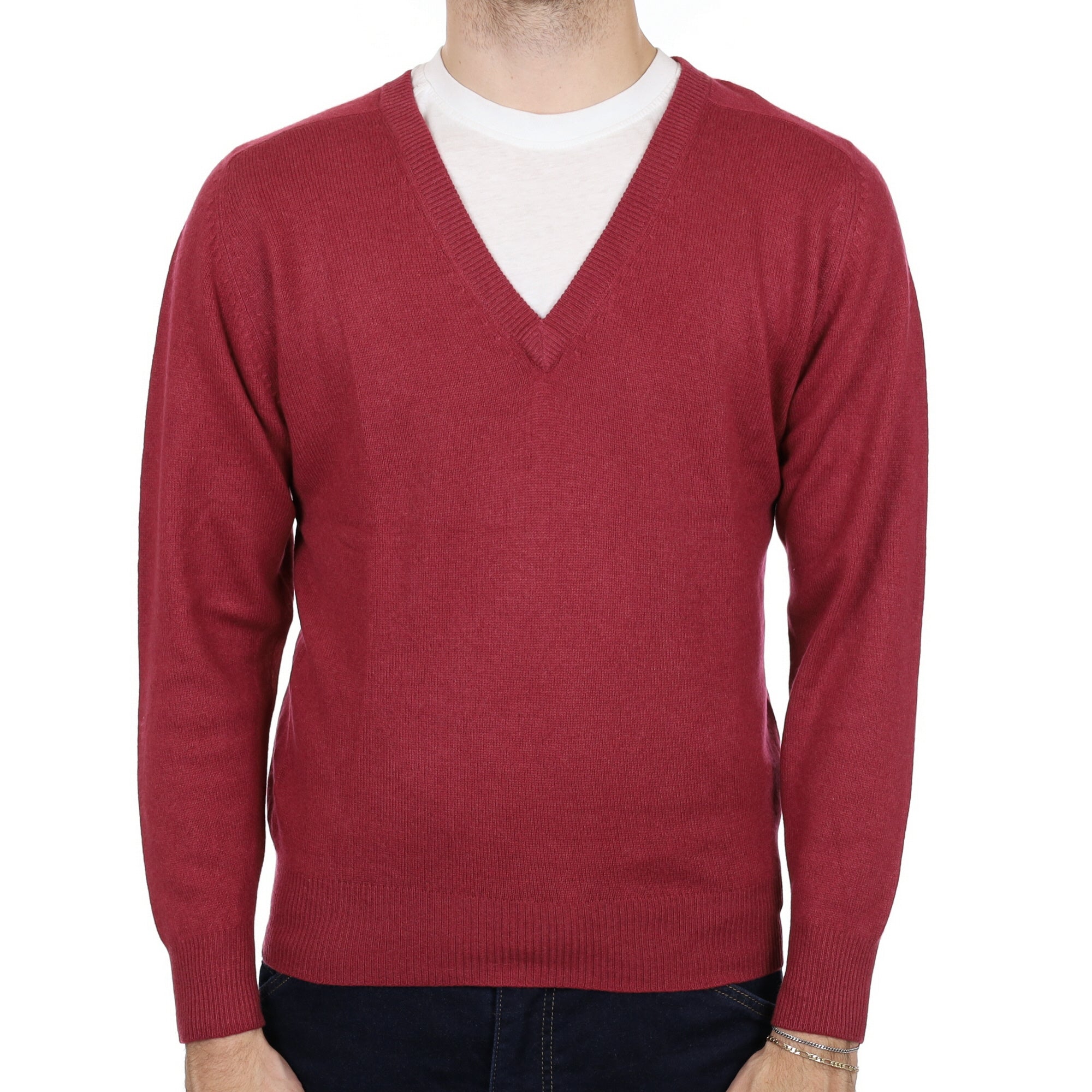 Men's Deep Raspberry Pink Cashmere V Neck Jumper Medium