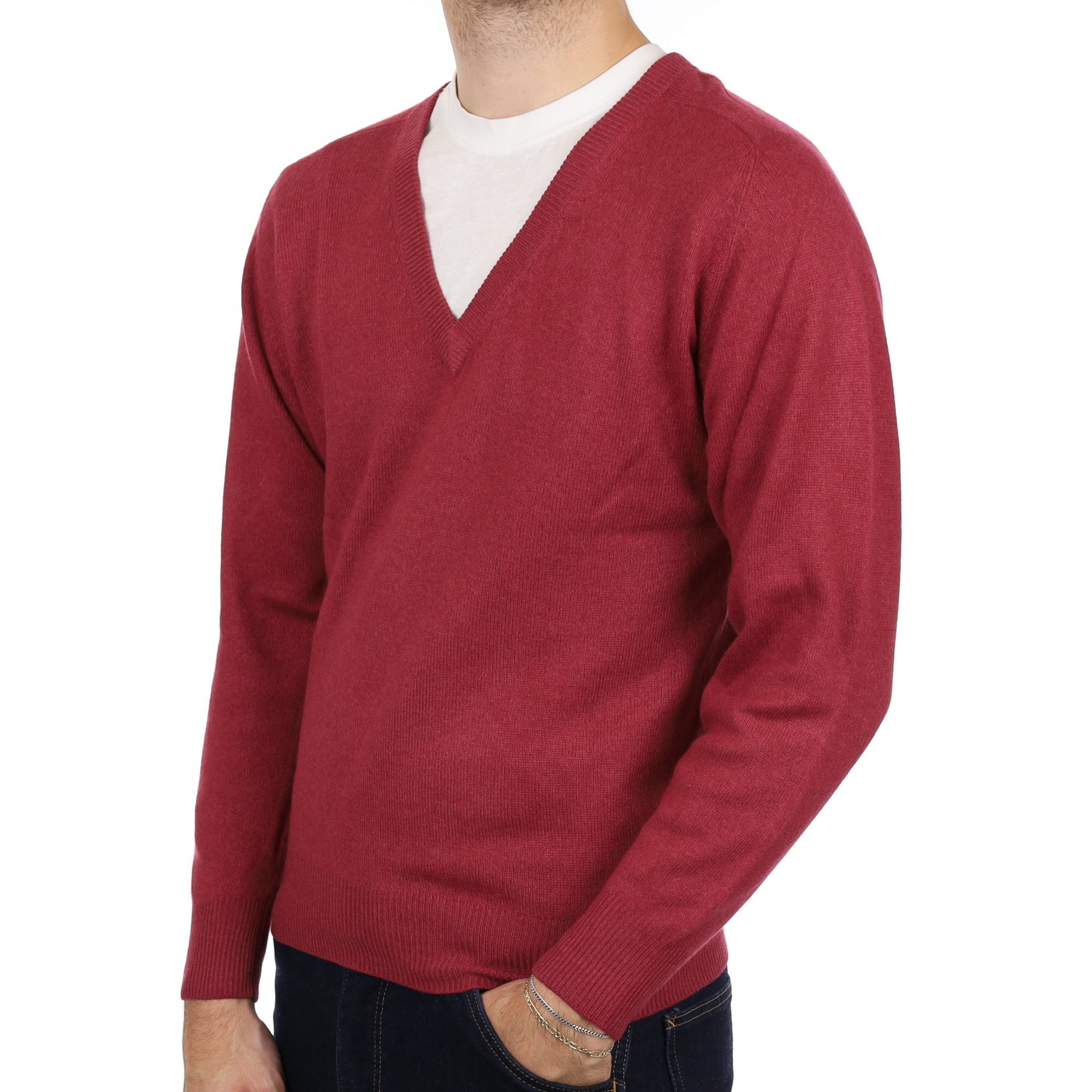 Men's Deep Raspberry Pink Cashmere V Neck Jumper Medium