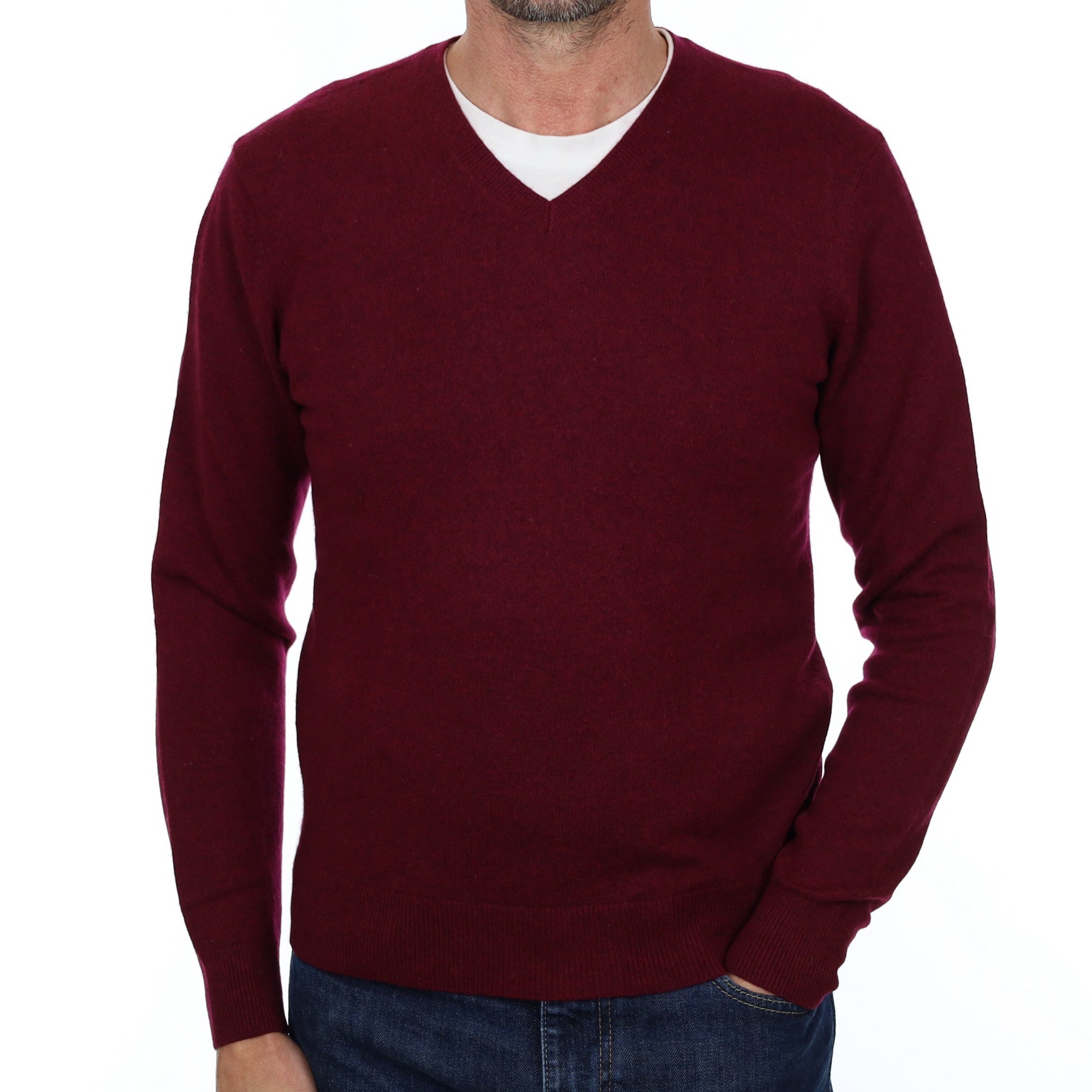 Men's Mulberry Purple Cashmere V Neck Jumper Small