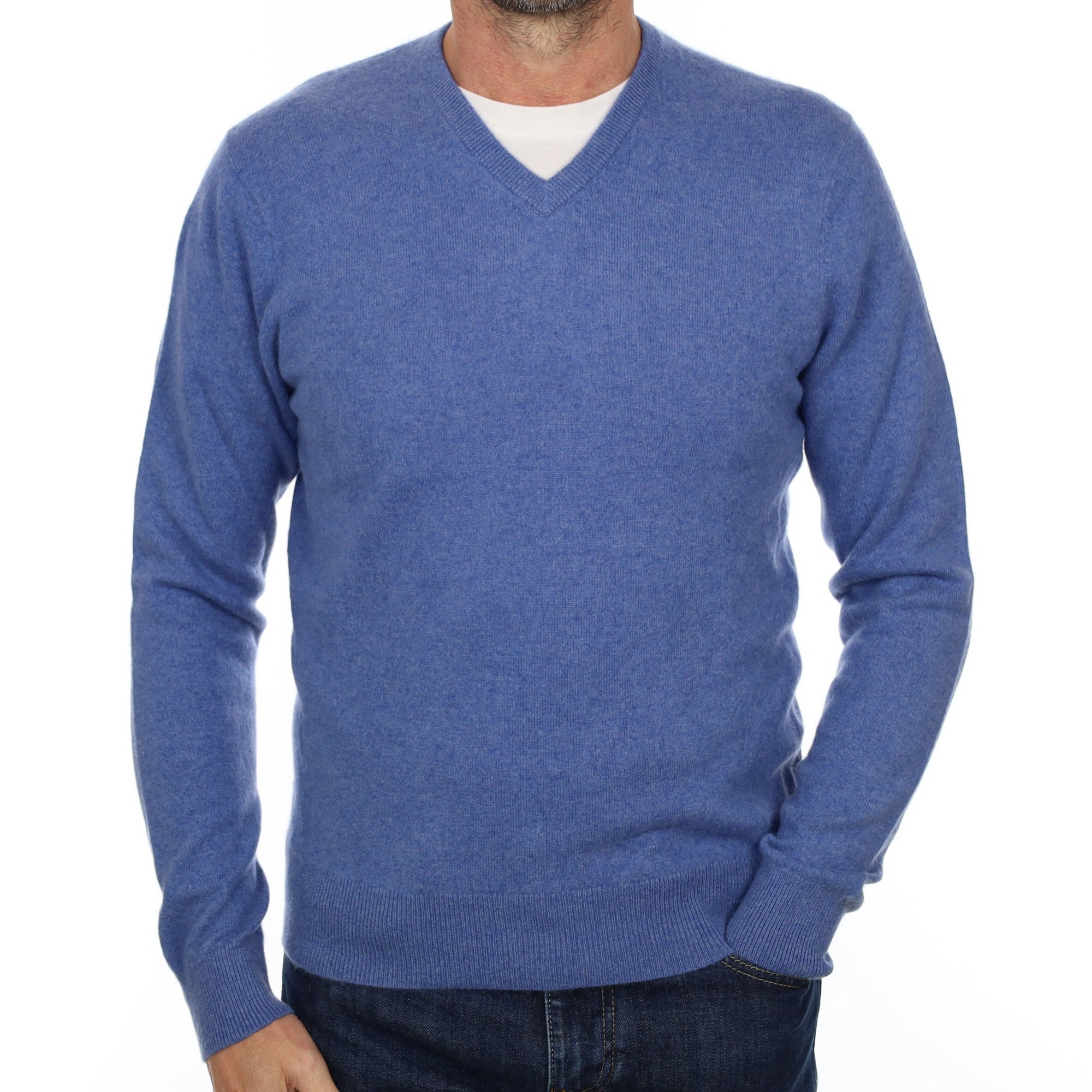 Men's Tanzanite Blue Cashmere V Neck Jumper Small