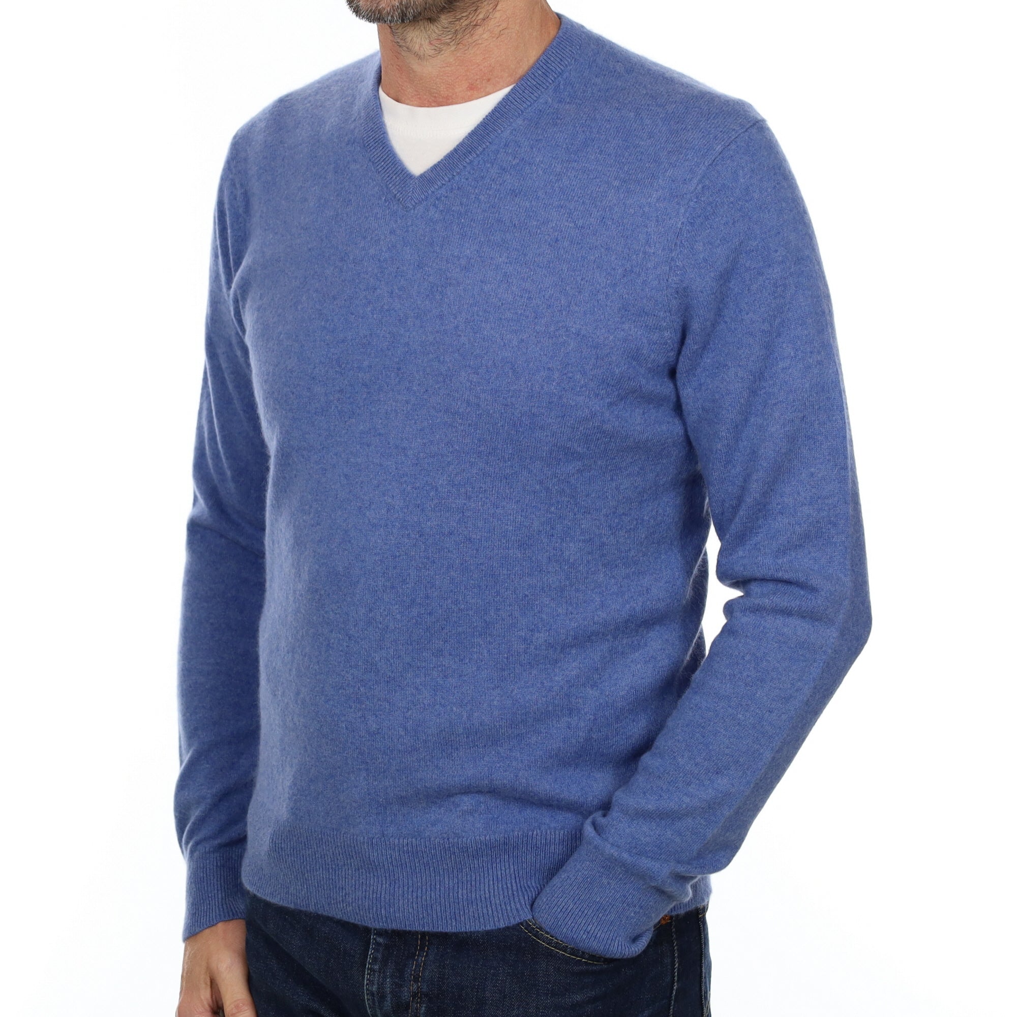 Men's Tanzanite Blue Cashmere V Neck Jumper Small