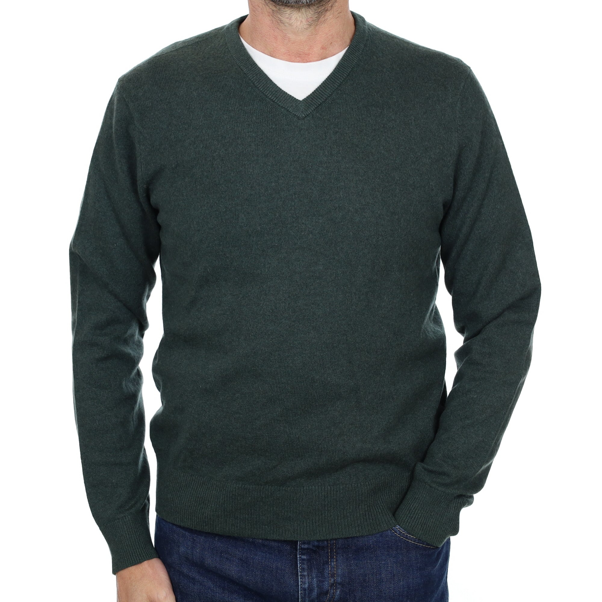 Men's Pine Green Cashmere V Neck Jumper Small