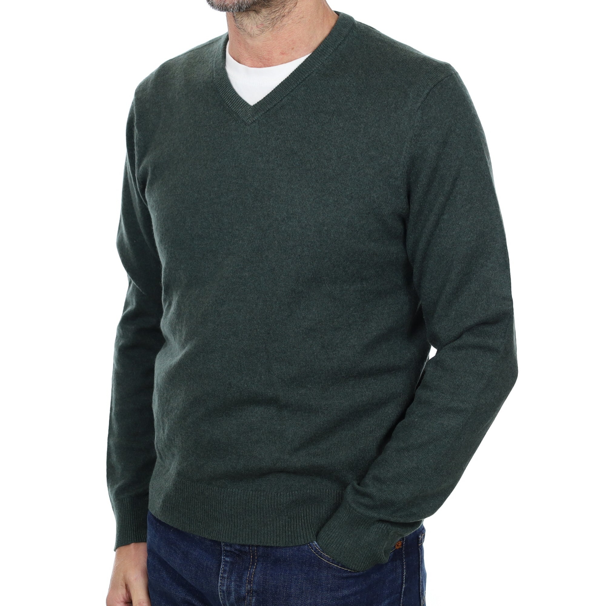 Men's Pine Green Cashmere V Neck Jumper Small