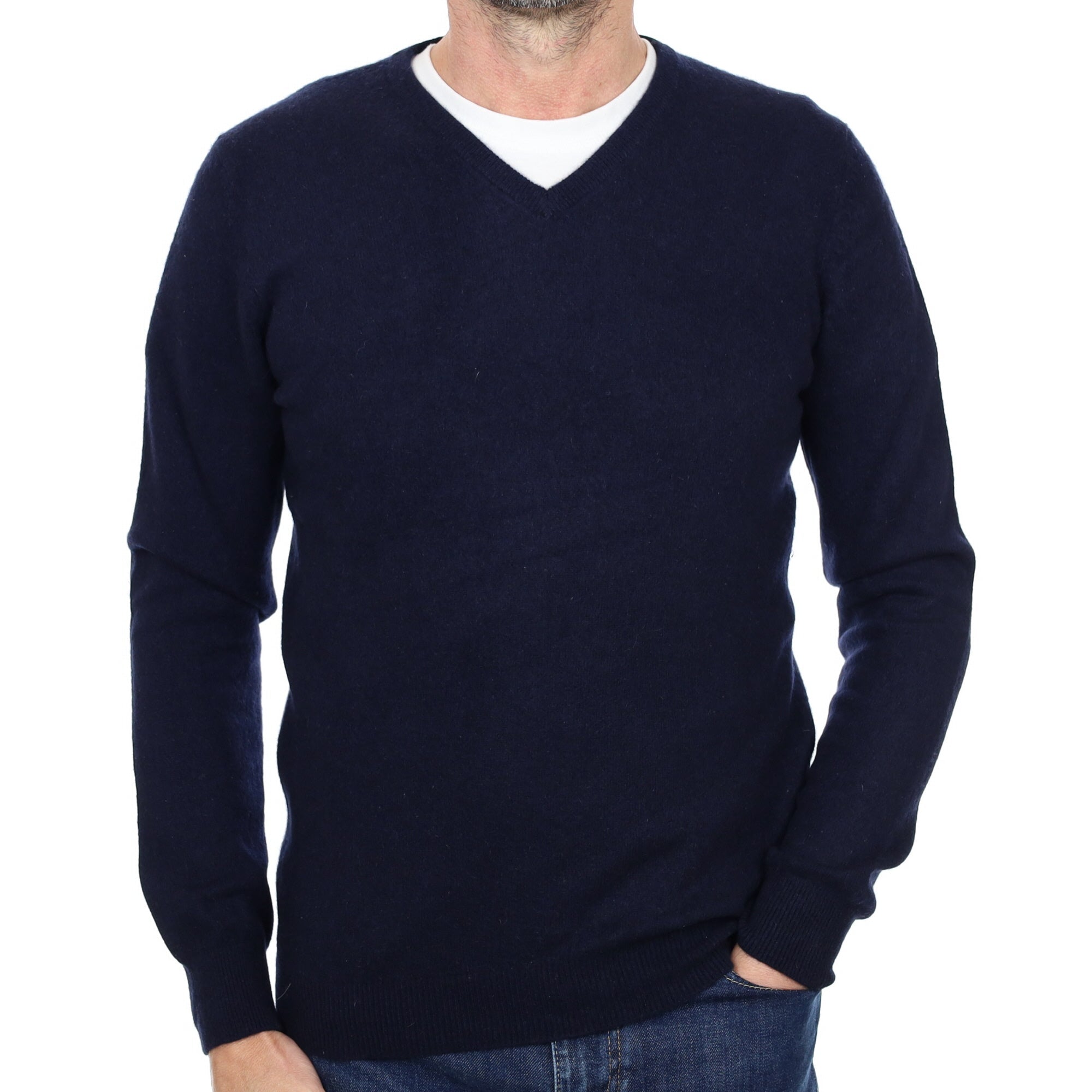 Men's Navy Blue Cashmere V Neck Jumper Small