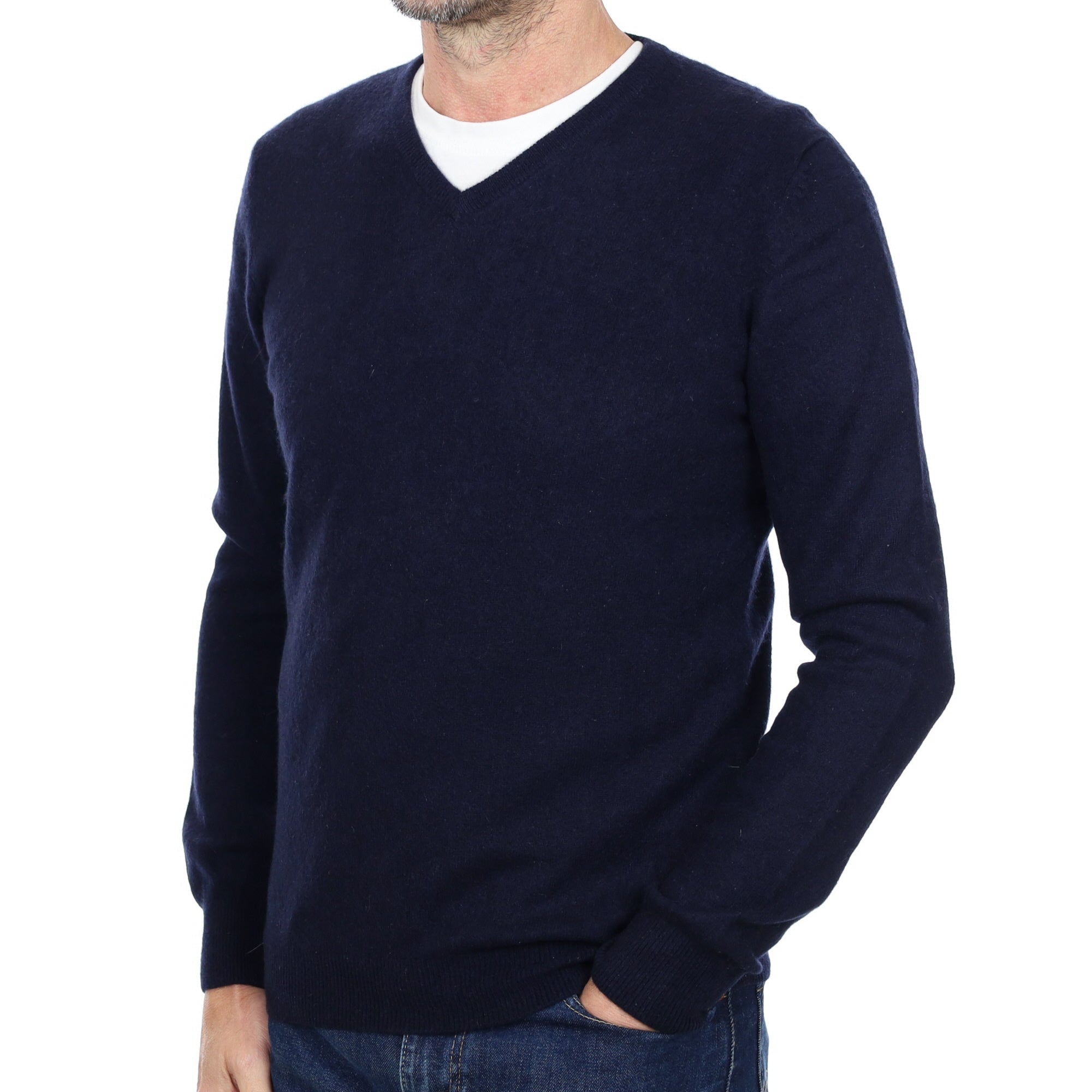 Men's Navy Blue Cashmere V Neck Jumper Small