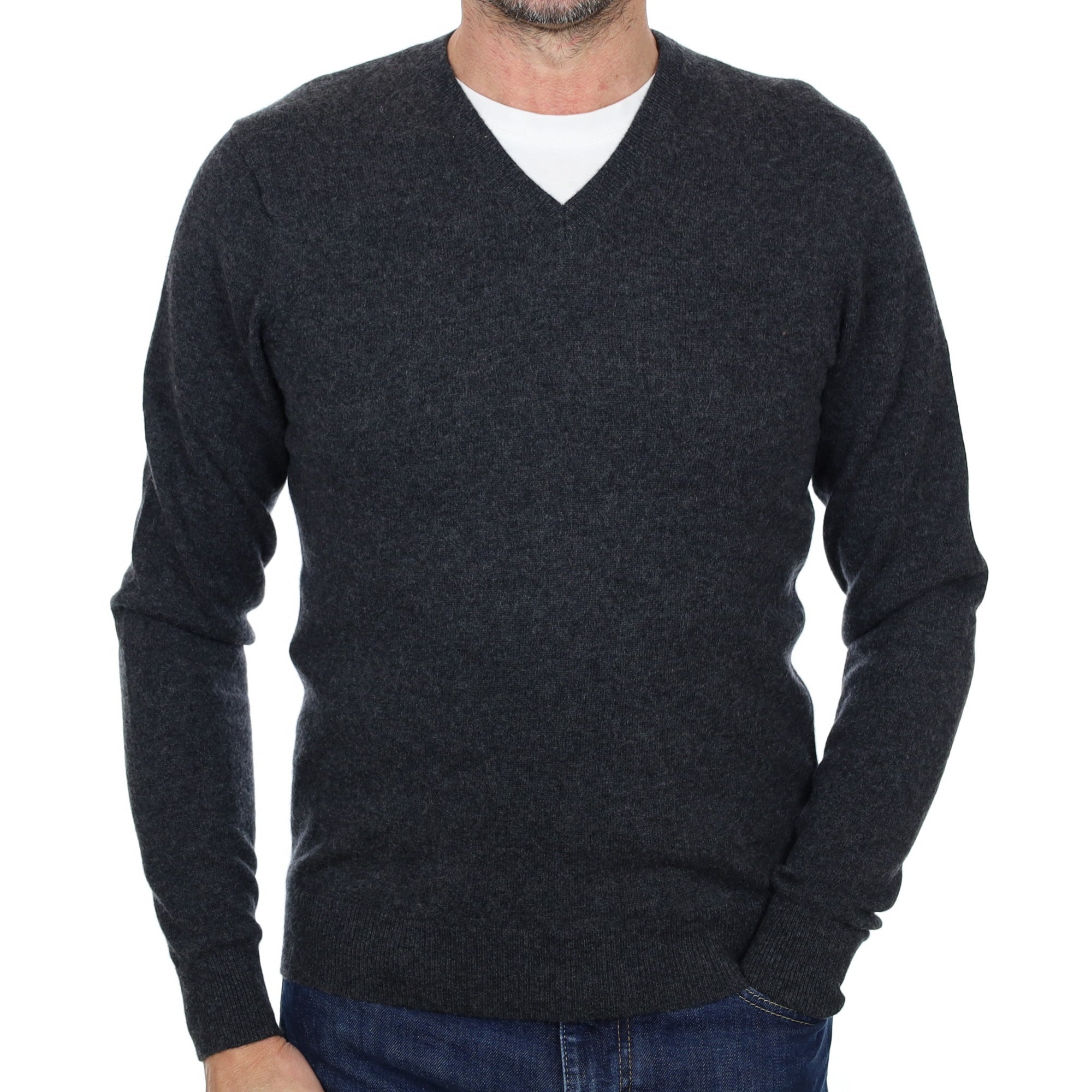 Men's Charcoal Grey Cashmere V Neck Jumper Small