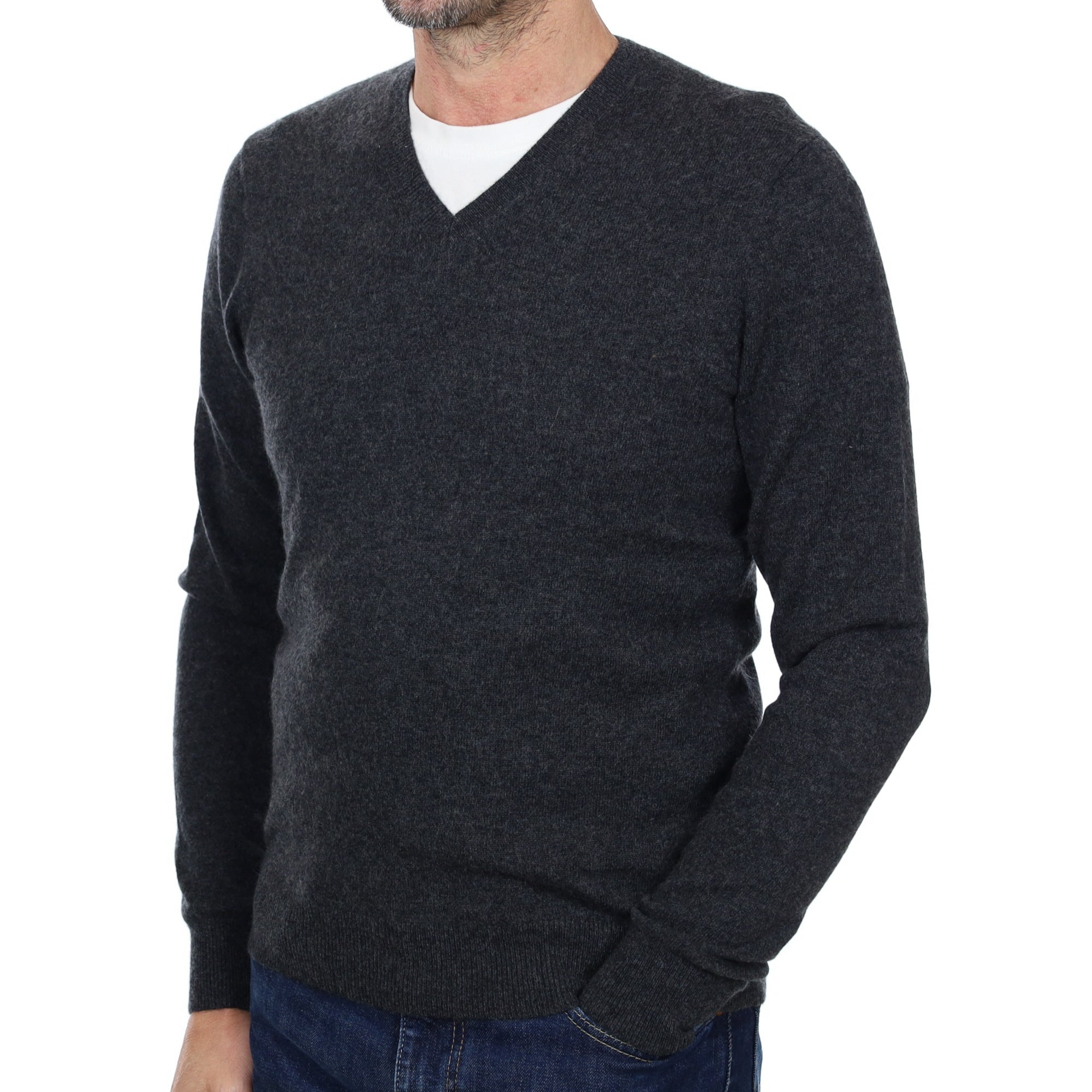 Men's Charcoal Grey Cashmere V Neck Jumper Small