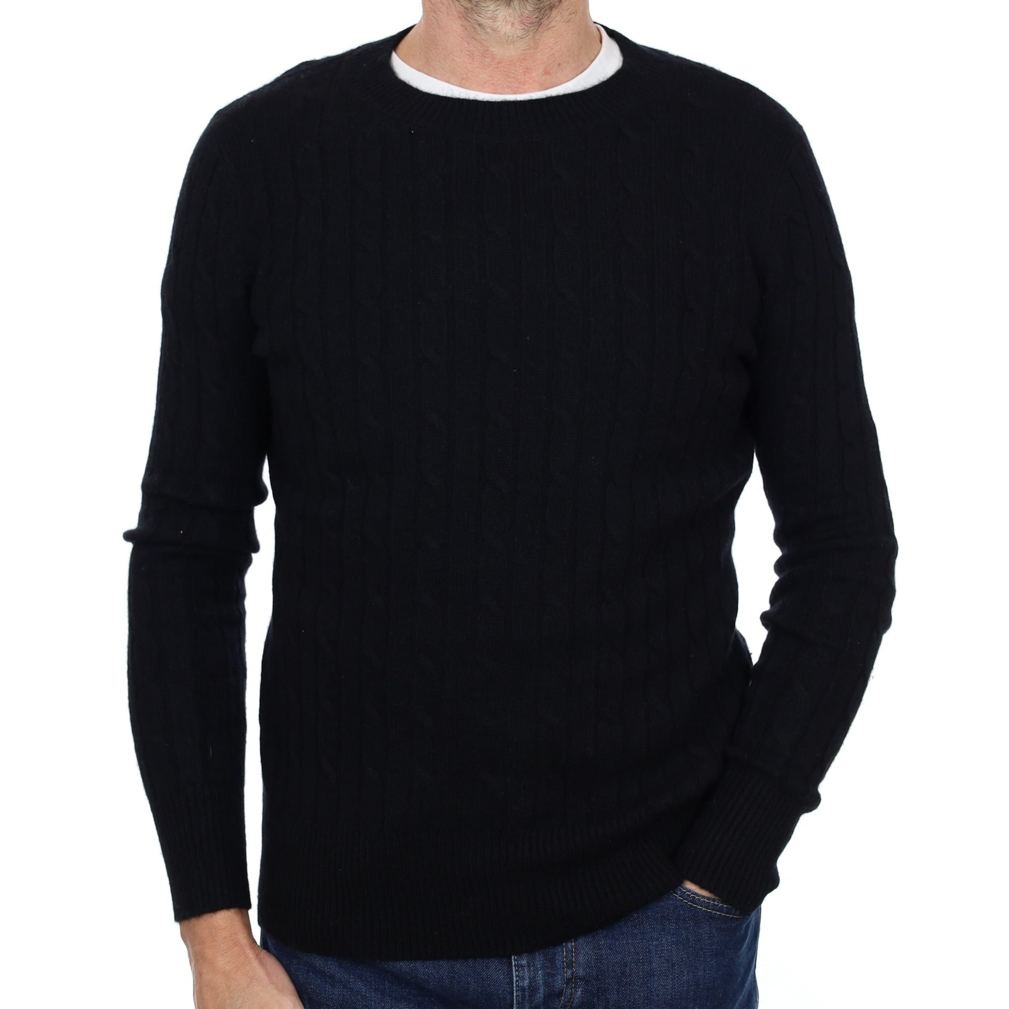 Men's Black Cashmere Crew Neck Cable Knit Jumper Small