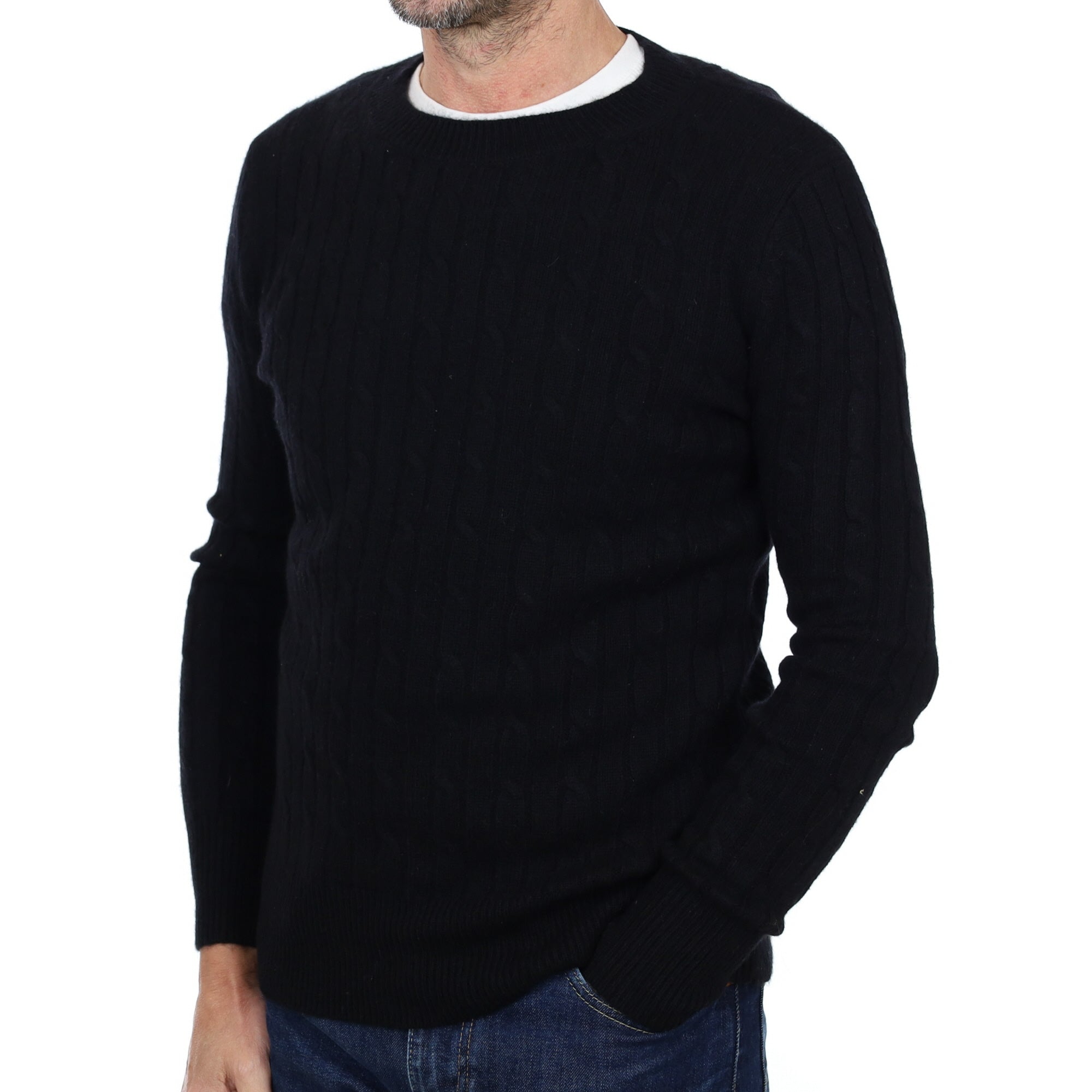 Men's Black Cashmere Crew Neck Cable Knit Jumper Small