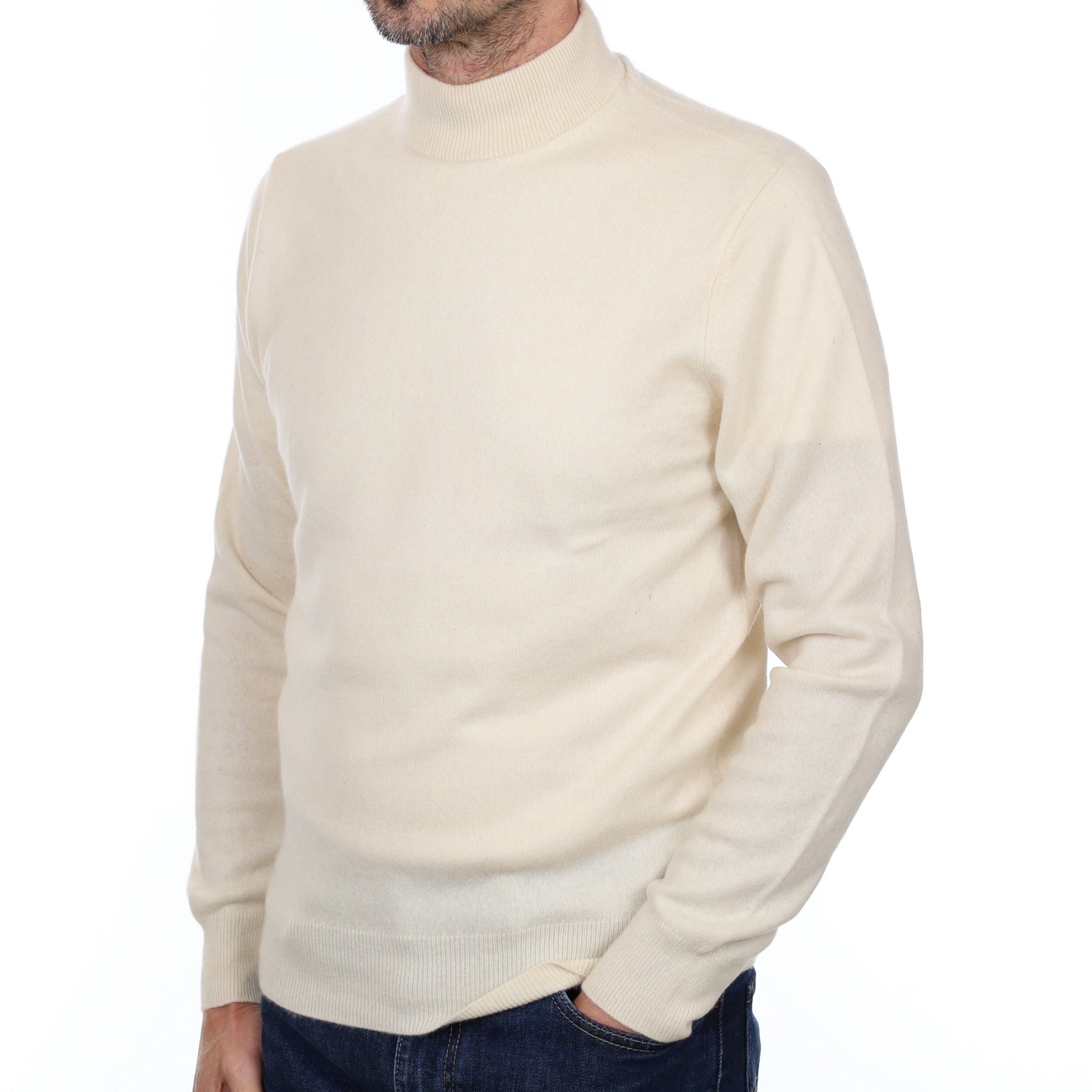 Men's Vanilla Cream Cashmere Turtle Neck Jumper Small