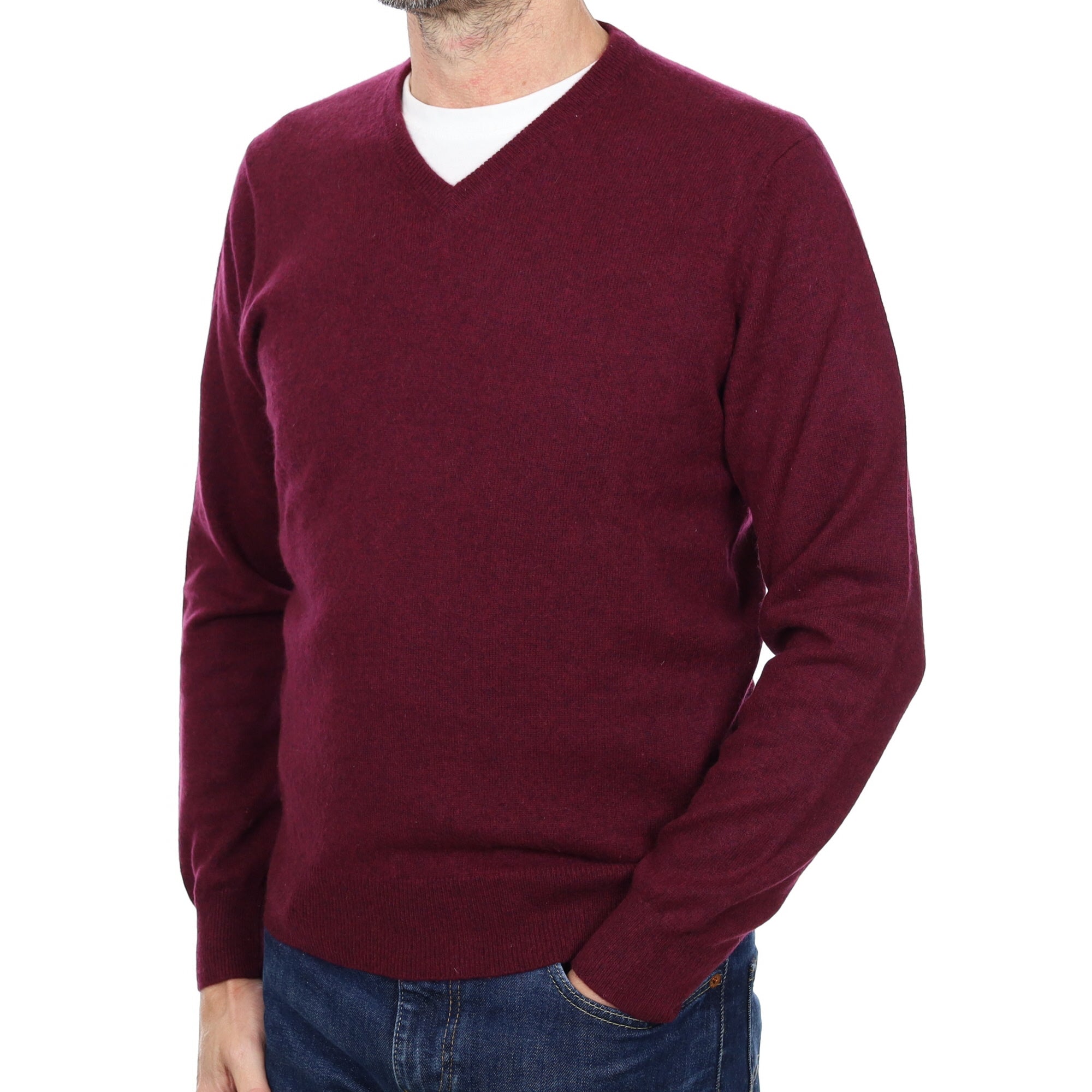 Men's Mulberry Purple Cashmere V Neck Jumper Small