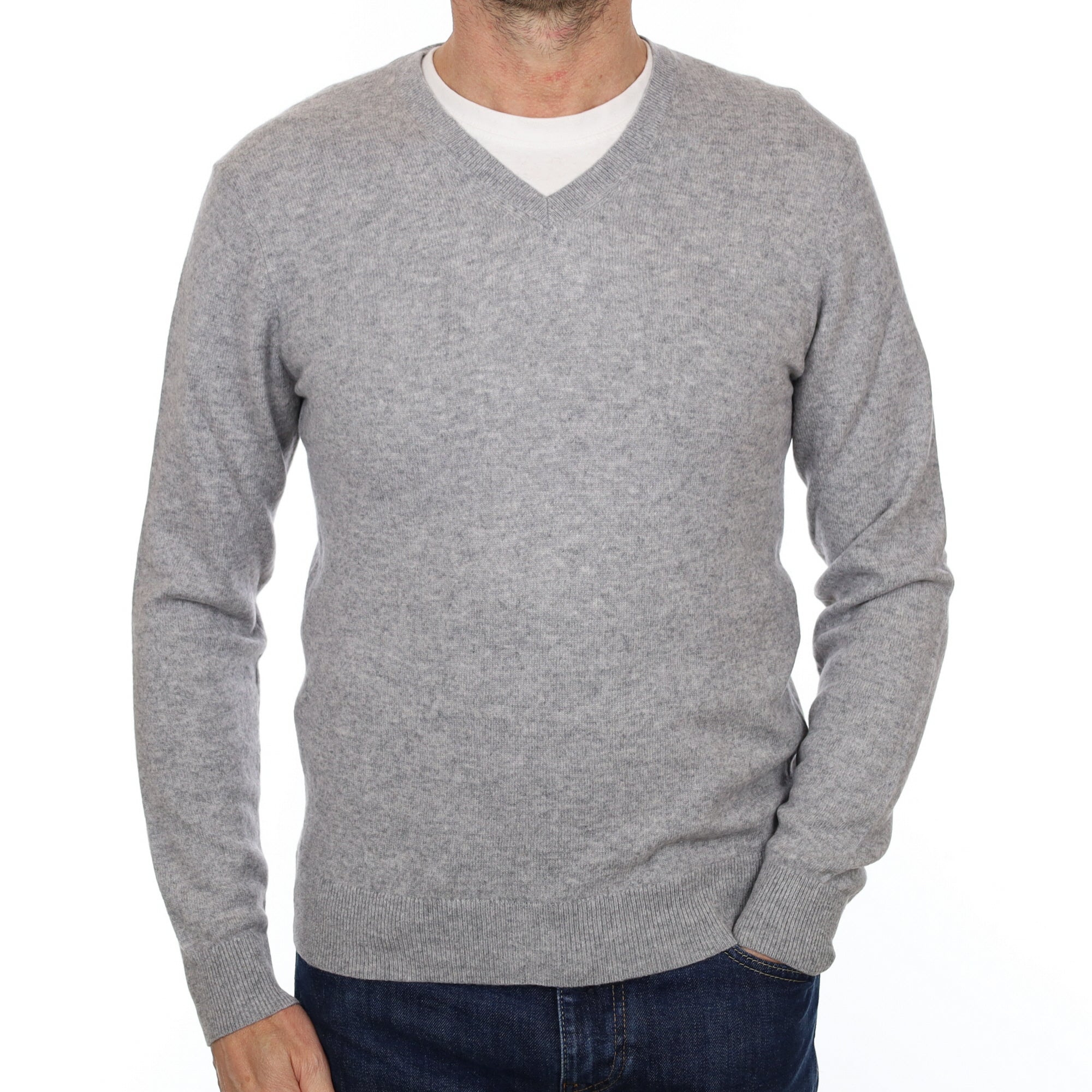 Men's Smoke Grey Cashmere V Neck Jumper Extra Small