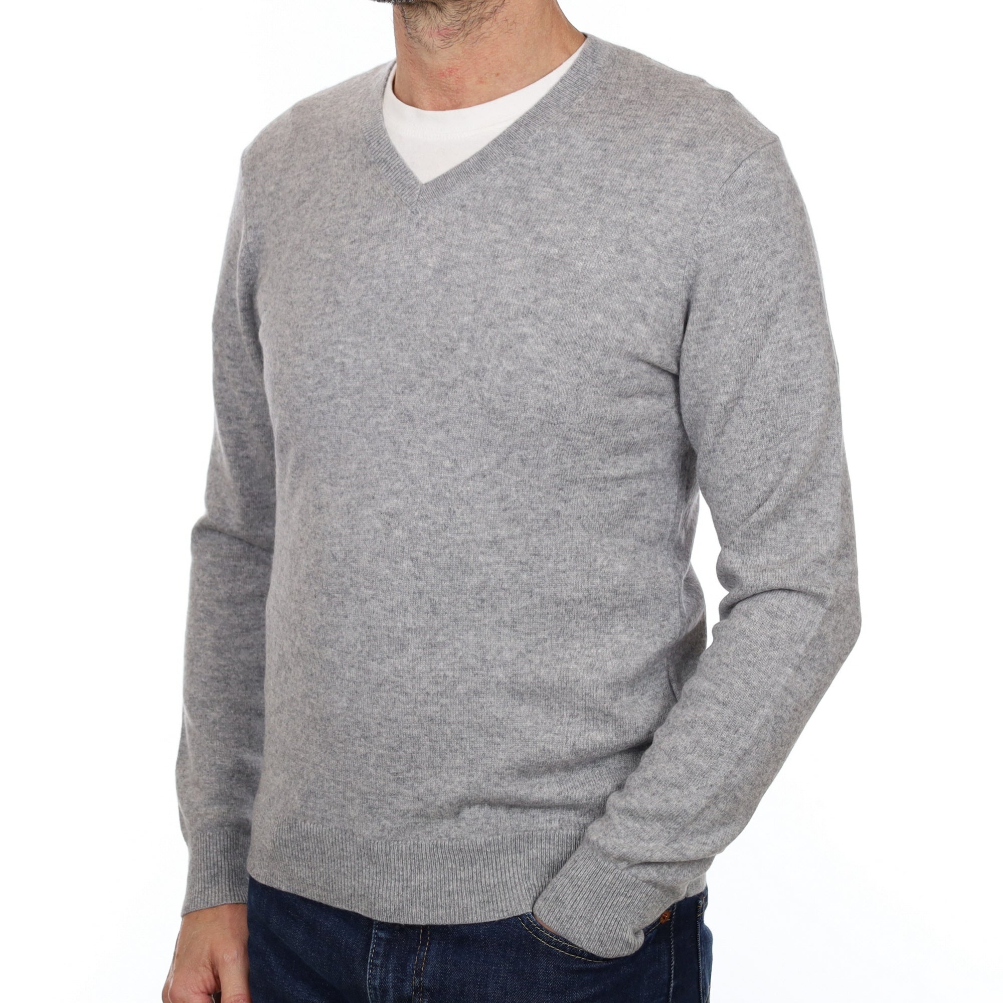 Men's Smoke Grey Cashmere V Neck Jumper Extra Small