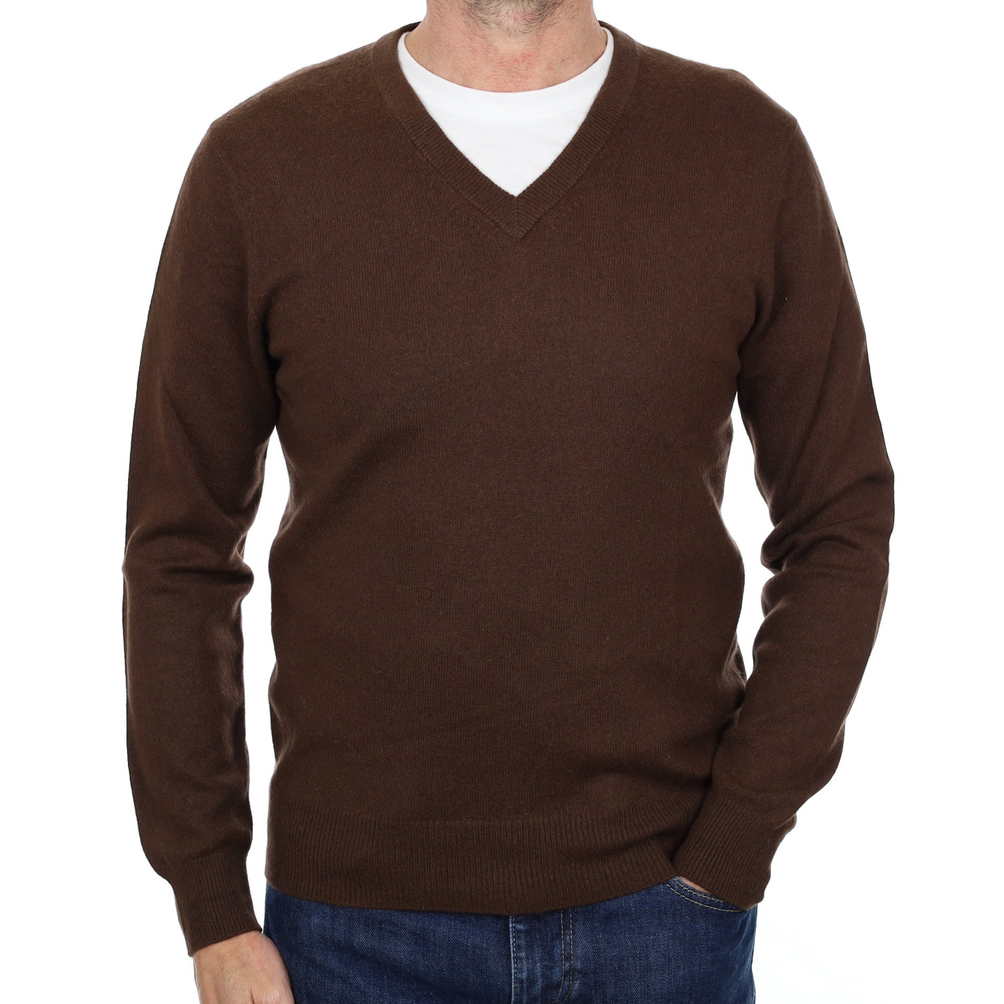 Men's Chocolate Brown Cashmere V Neck Jumper Small