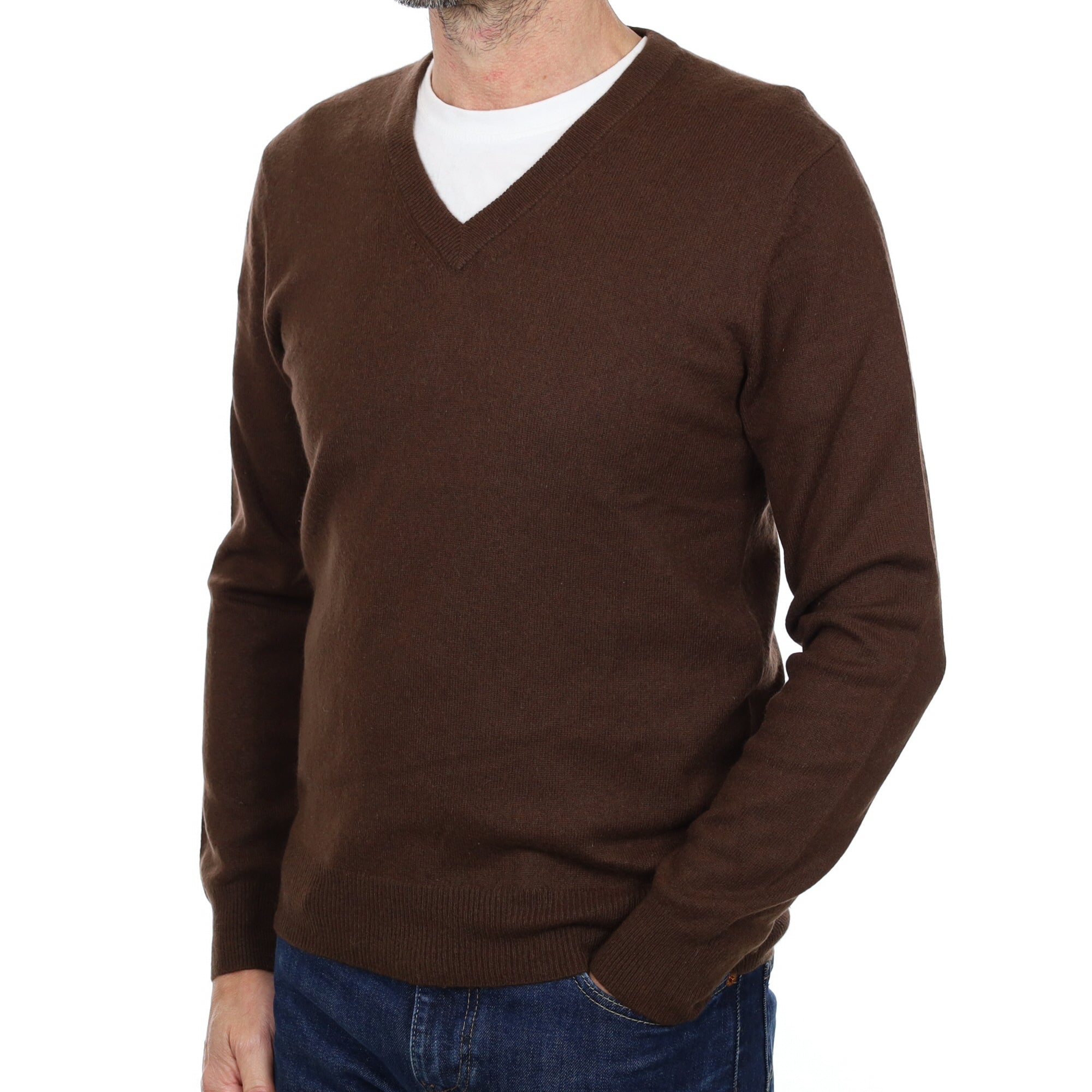 Men's Chocolate Brown Cashmere V Neck Jumper Small