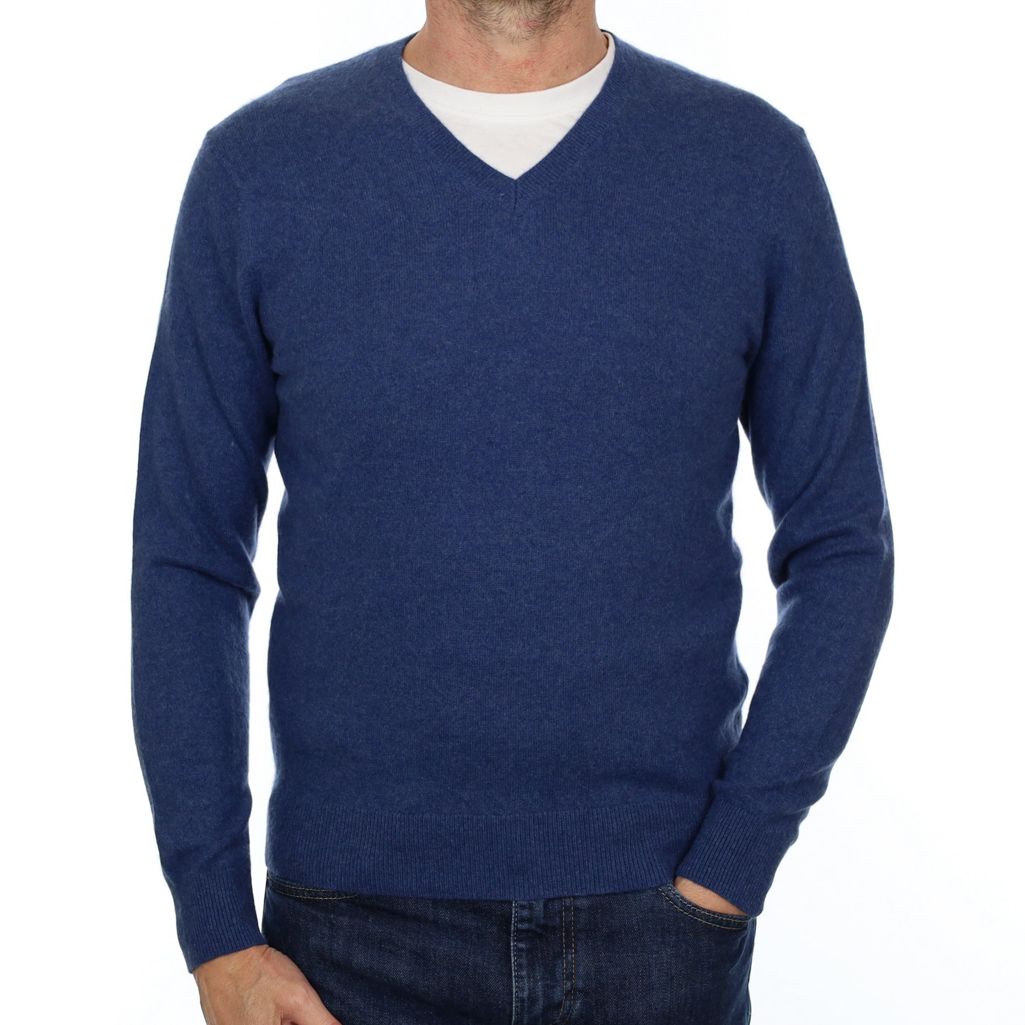 Men's Deep Denim Blue Cashmere V Neck Jumper Extra Small