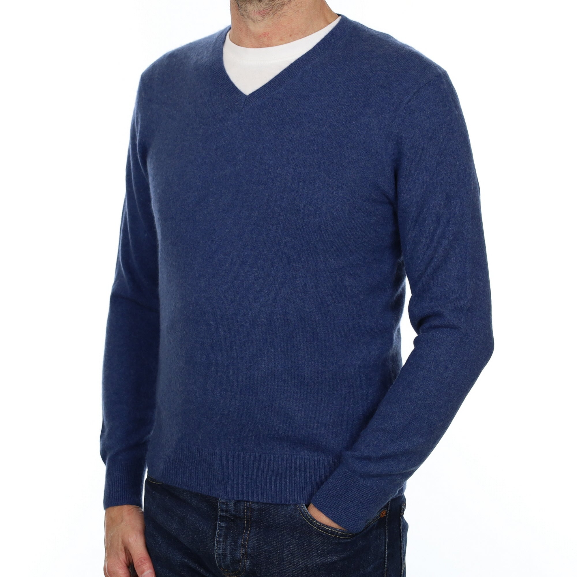 Men's Deep Denim Blue Cashmere V Neck Jumper Extra Small