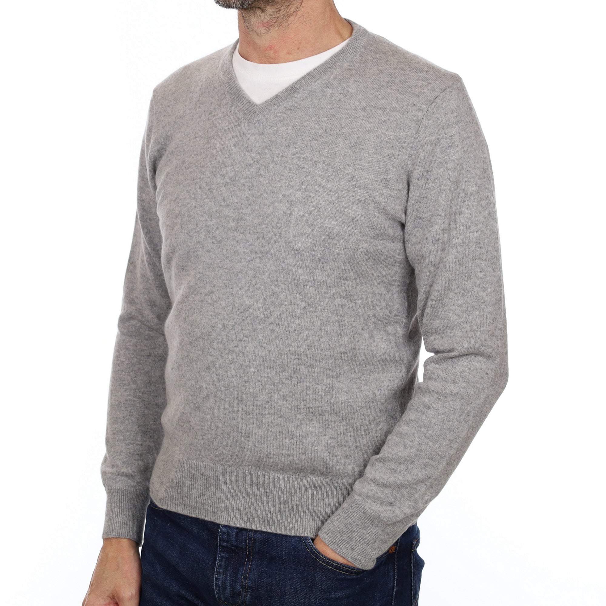 Men's Smoke Grey Cashmere V Neck Jumper Small