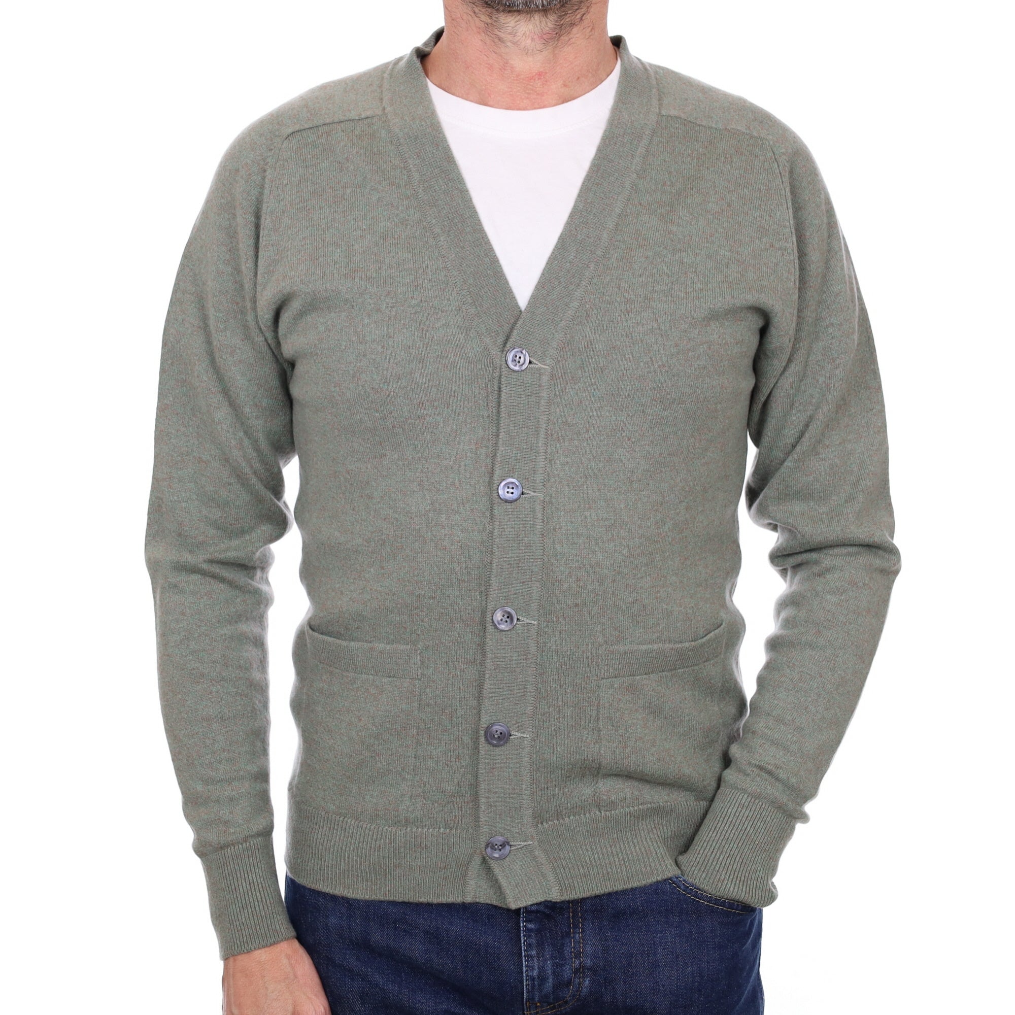 Men's Pale Sage Marl Cashmere V Neck Cardigan Small