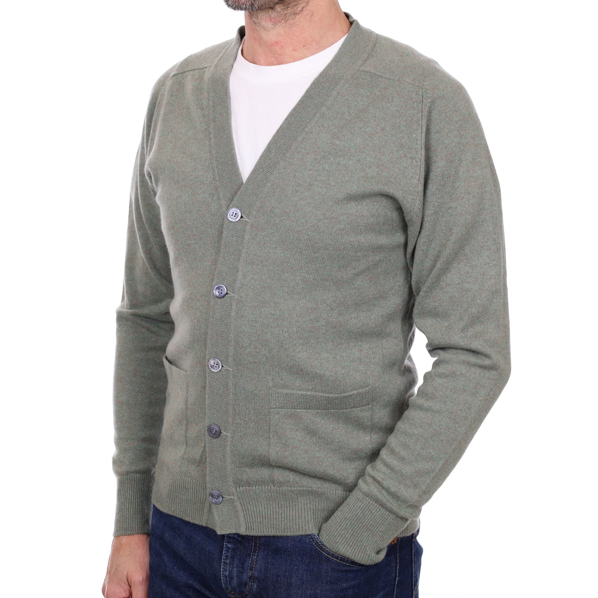 Men's Pale Sage Marl Cashmere V Neck Cardigan Small