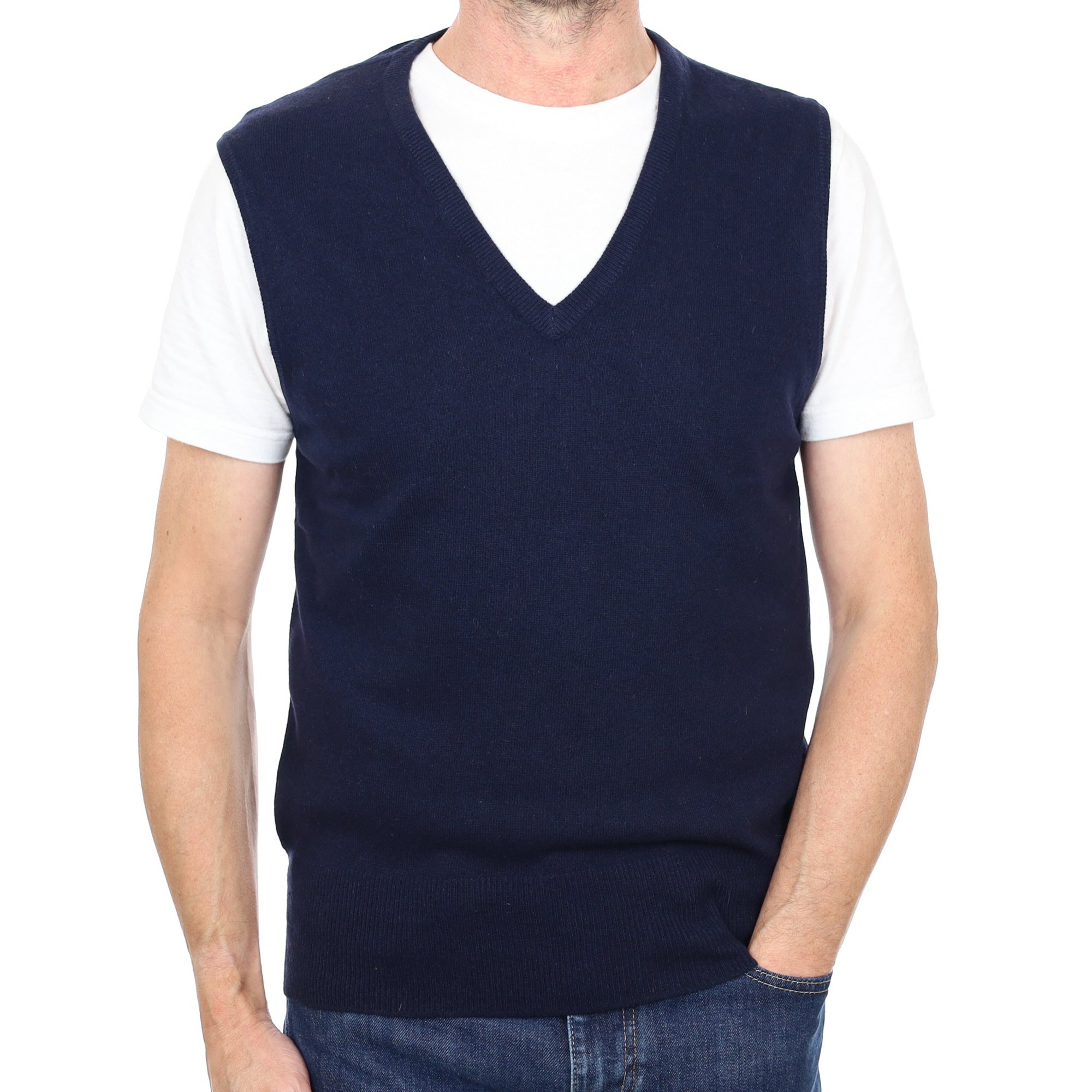 Men's Navy Blue Cashmere V Neck Sleeveless Jumper Small