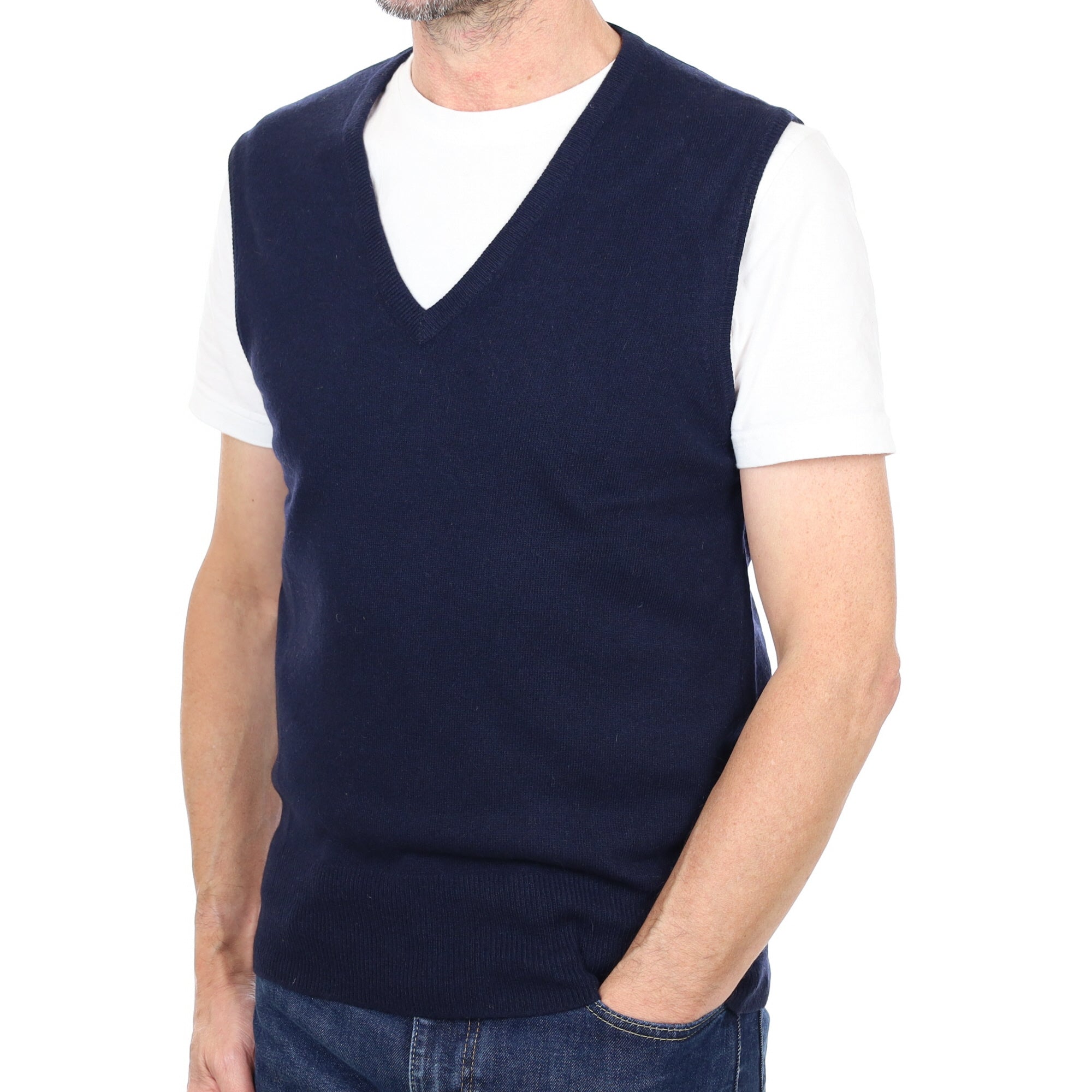 Men's Navy Blue Cashmere V Neck Sleeveless Jumper Small