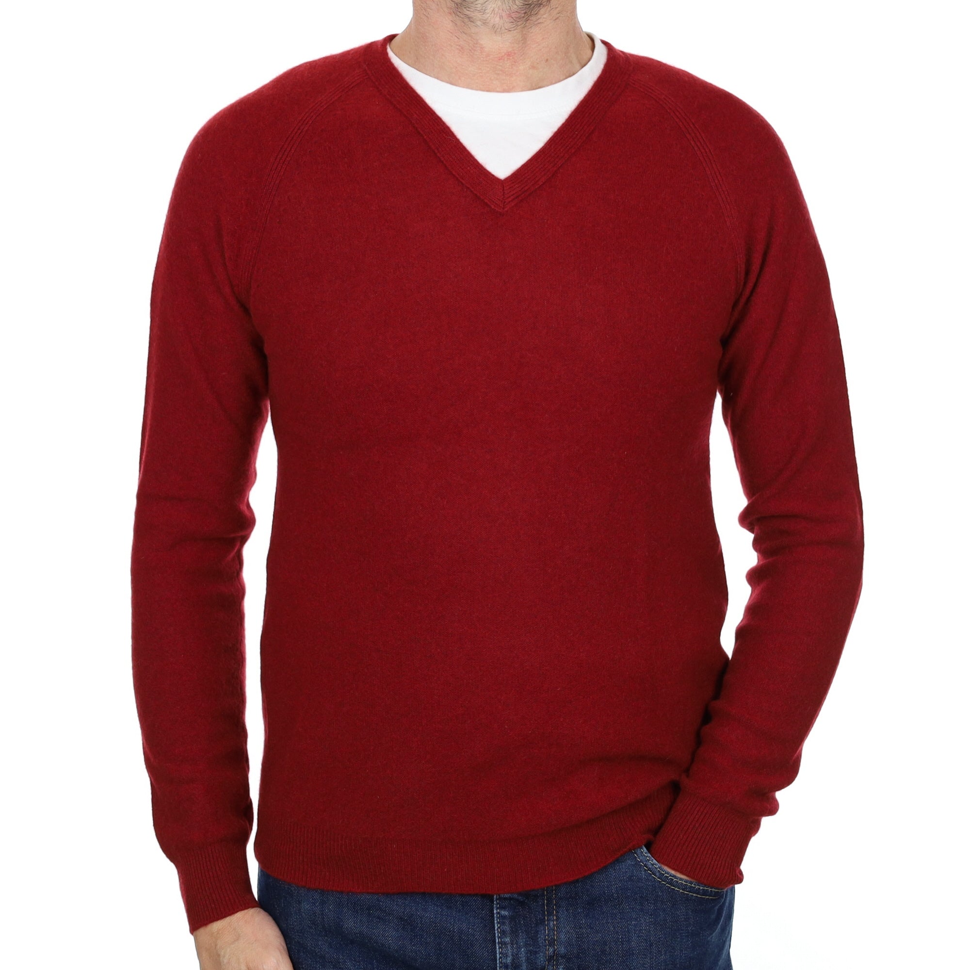 Men's Crimson Red Cashmere V Neck Jumper Extra Small