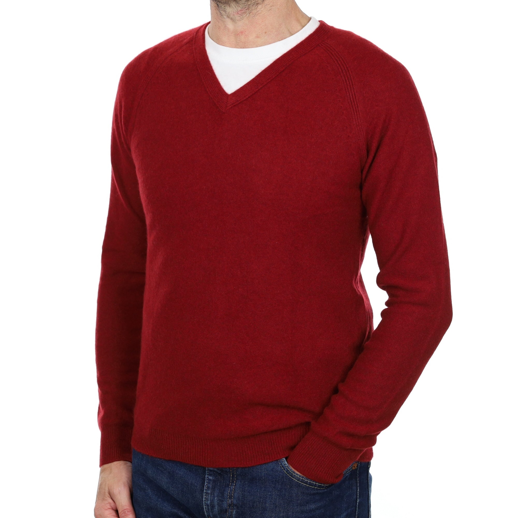 Men's Crimson Red Cashmere V Neck Jumper Extra Small