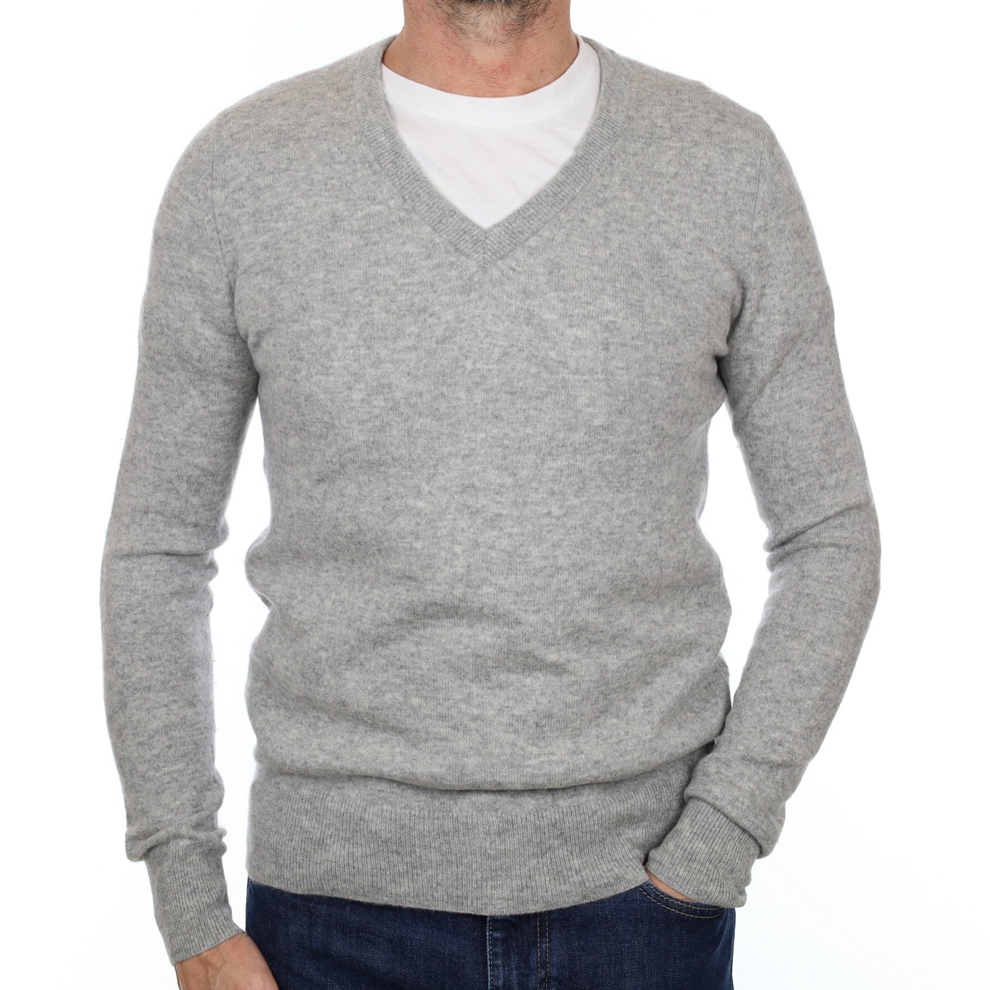 Men's Smoke Grey Cashmere V Neck Jumper Small