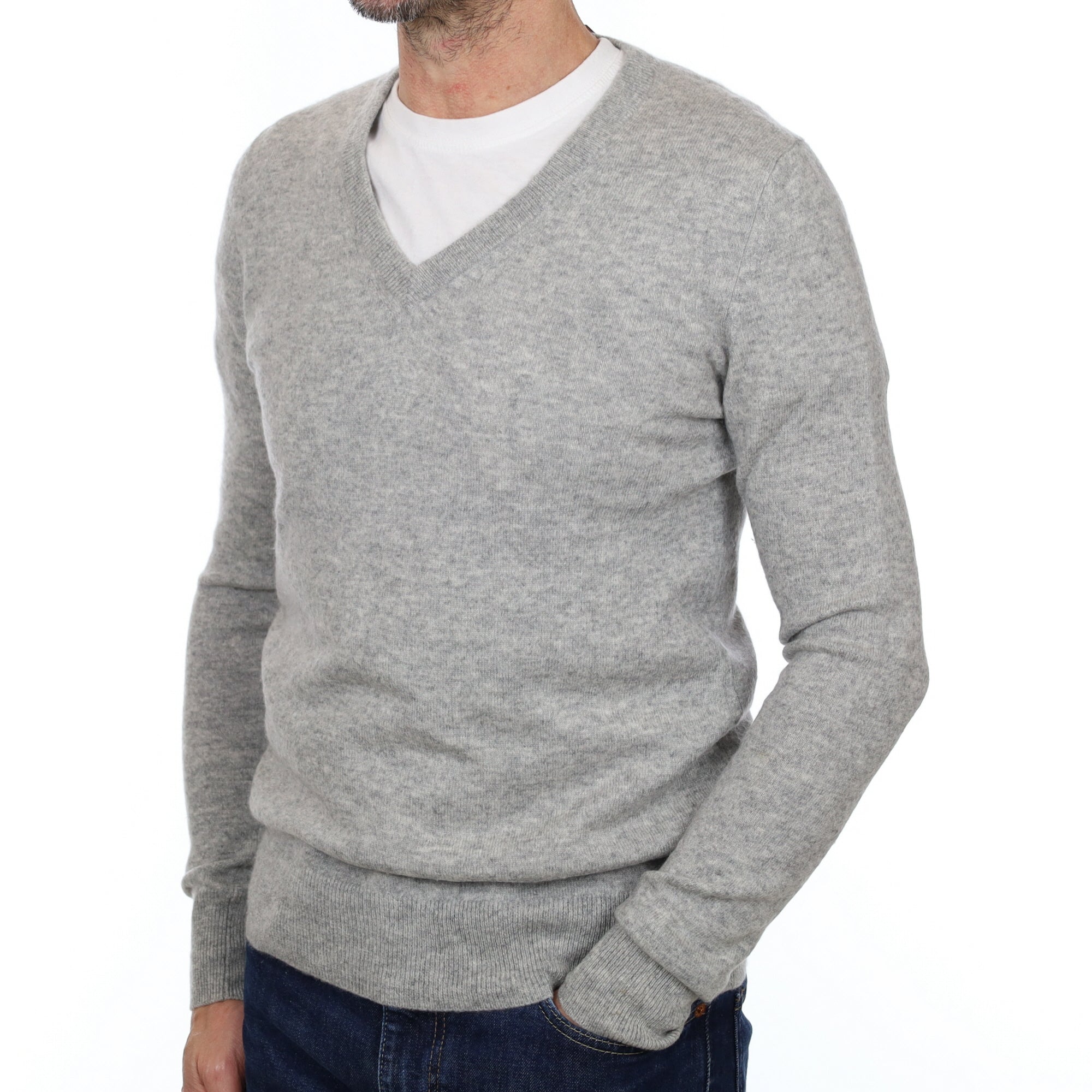 Men's Smoke Grey Cashmere V Neck Jumper Small