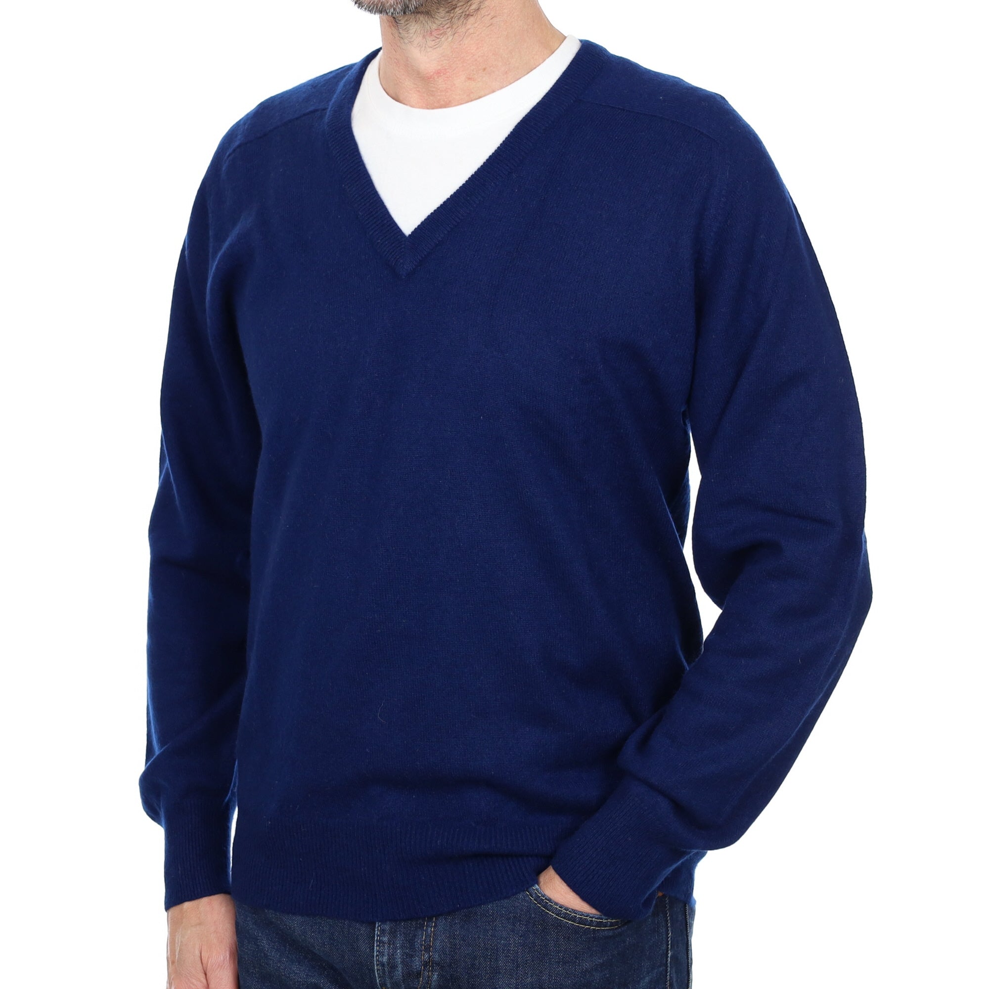 Men's French Navy Cashmere V Neck Jumper Small