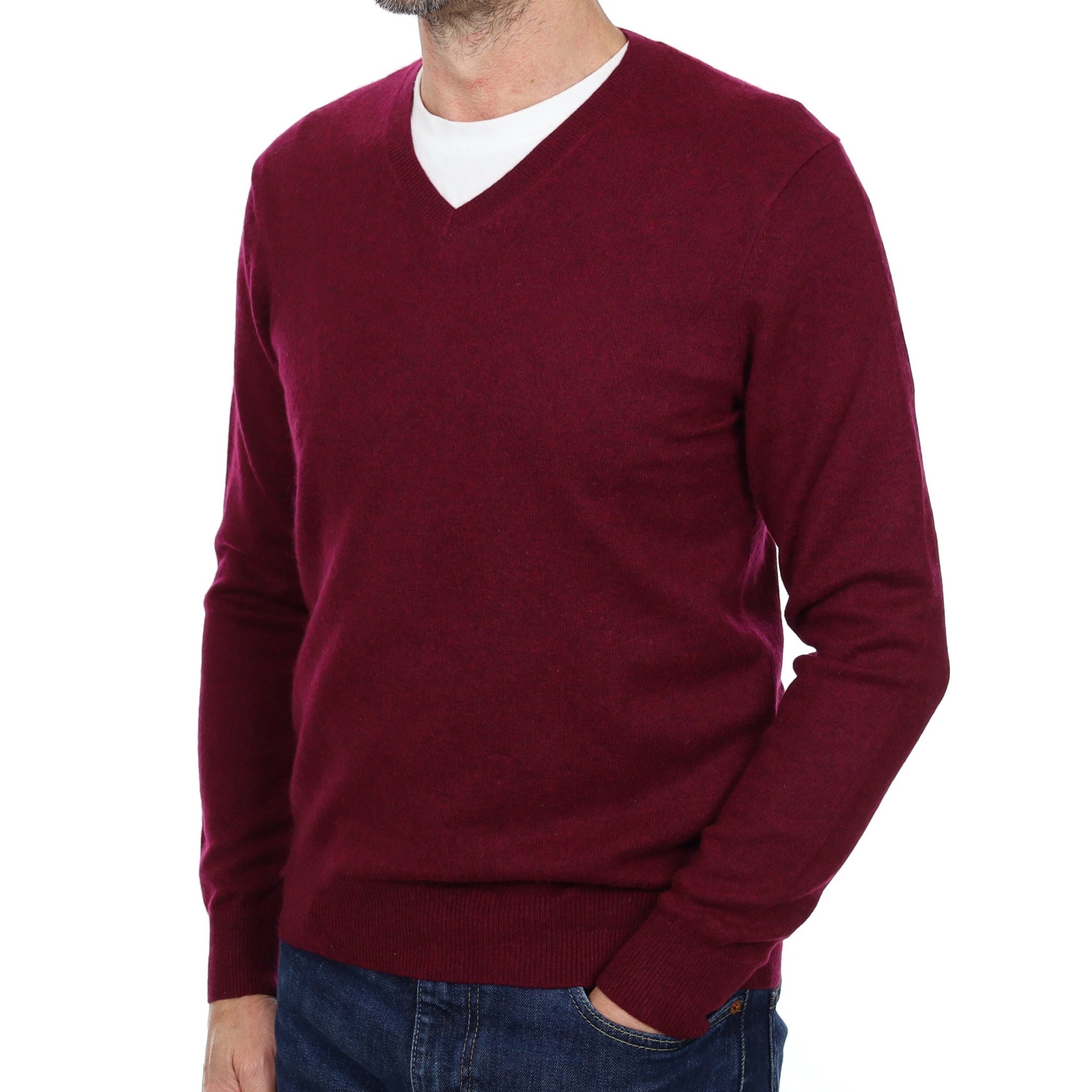 Men's Mulberry Purple Cashmere V Neck Jumper Extra Small