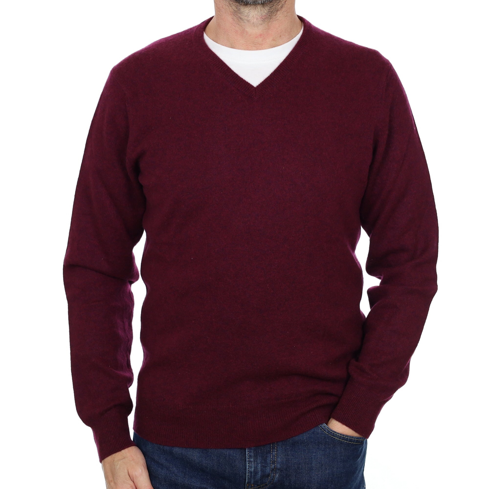 Men's Mulberry Purple Cashmere V Neck Jumper Small