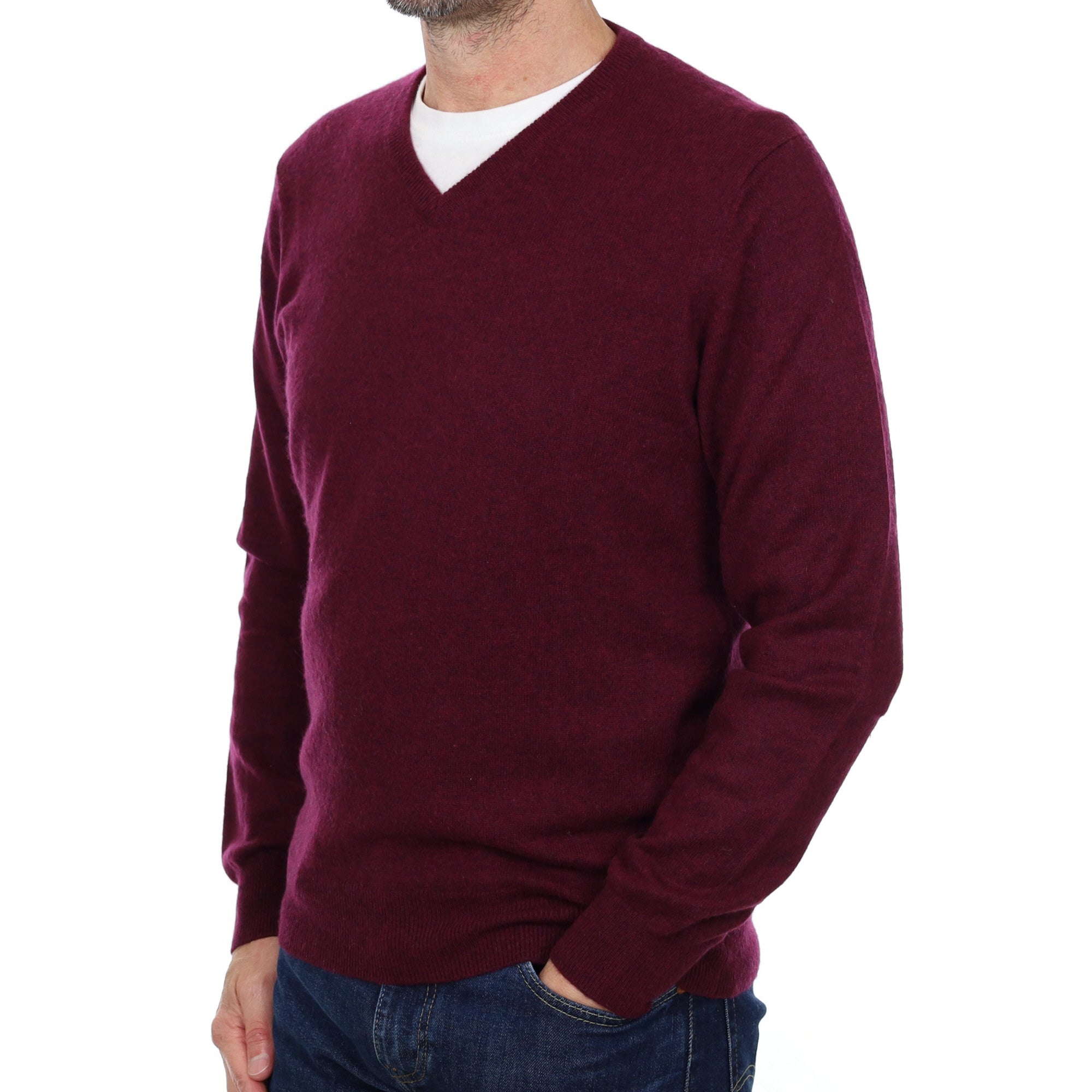 Men's Mulberry Purple Cashmere V Neck Jumper Small