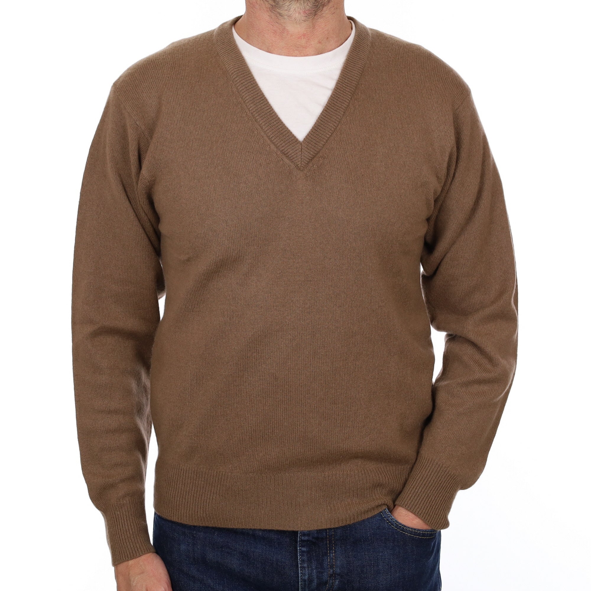 Men's Toffee Brown Cashmere V Neck Jumper Small