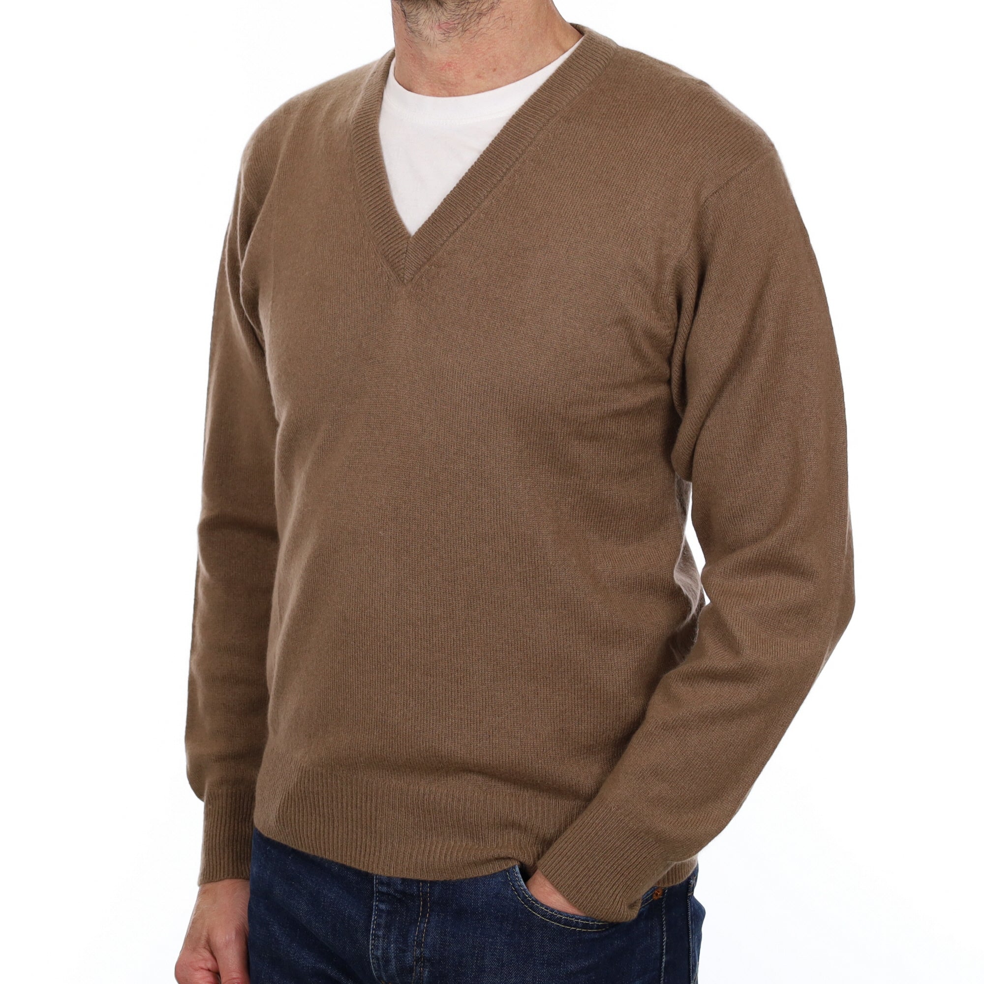 Men's Toffee Brown Cashmere V Neck Jumper Small