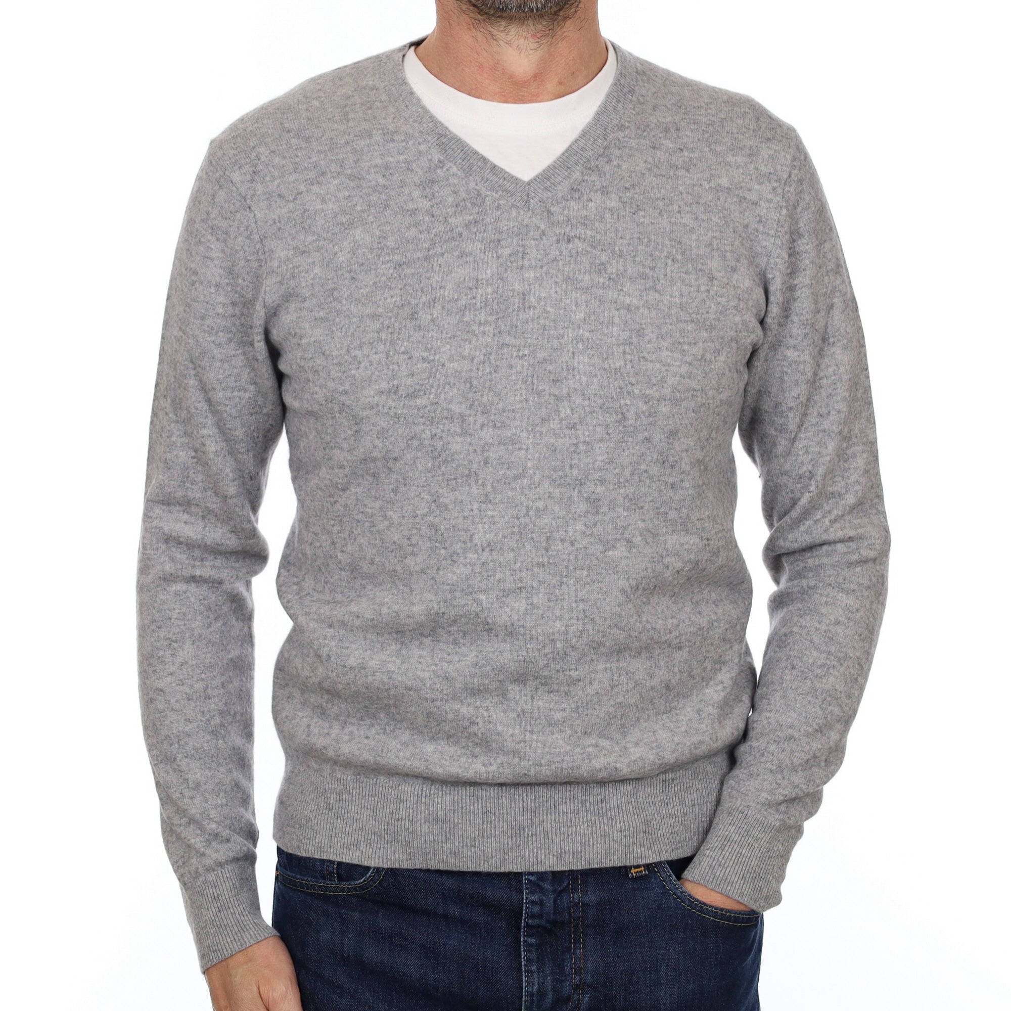 Men's Smoke Grey Cashmere V Neck Jumper Small