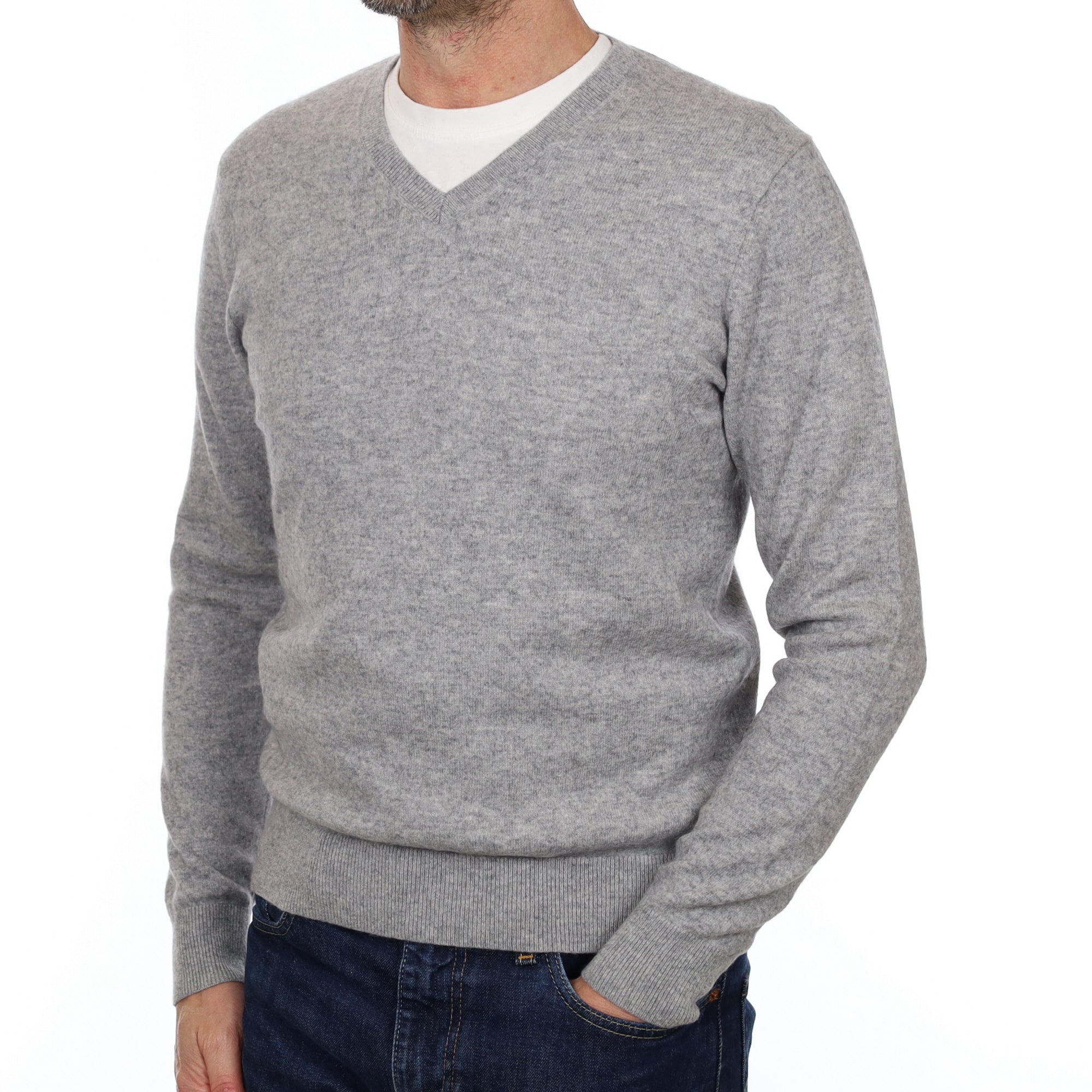 Men's Smoke Grey Cashmere V Neck Jumper Small