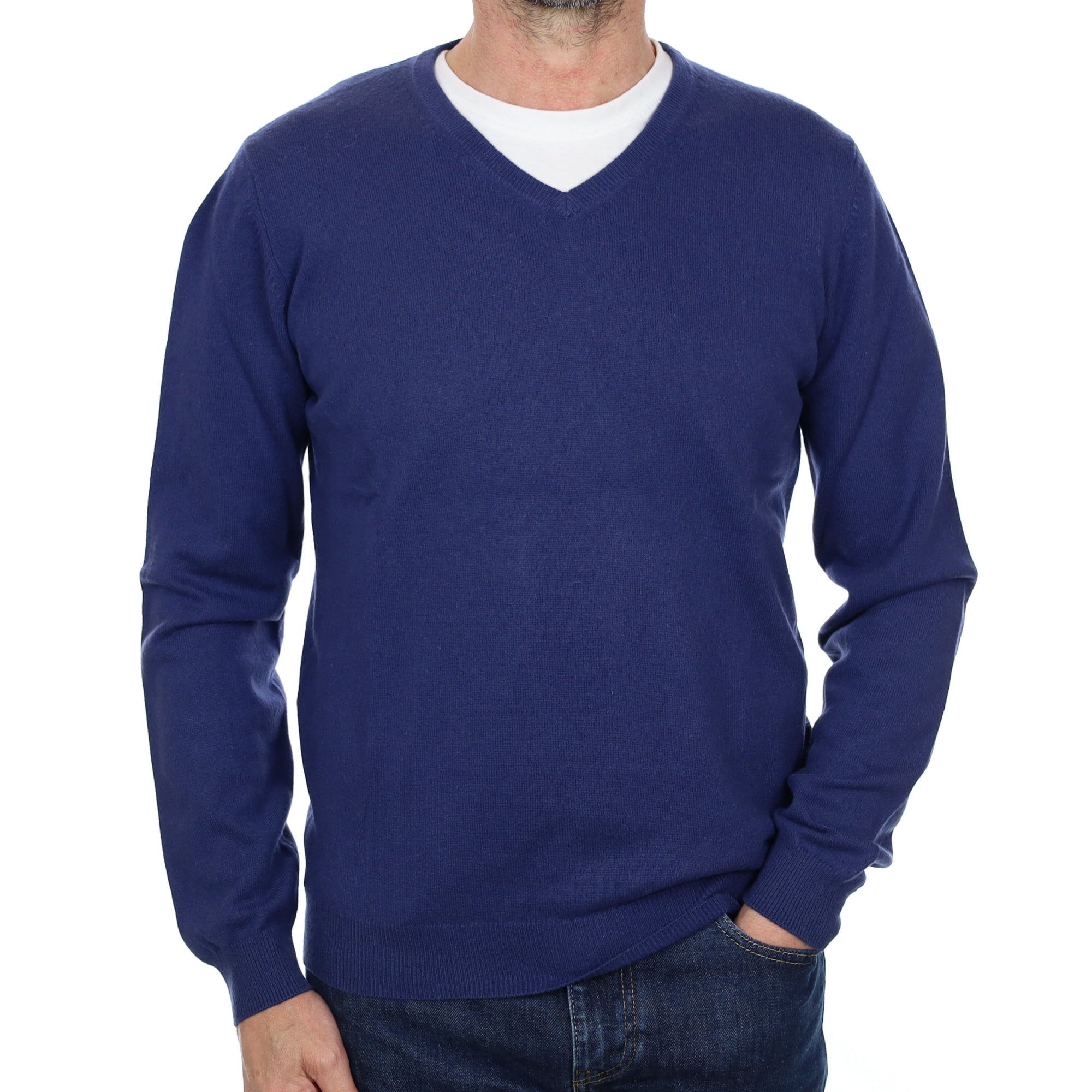 Men's Deep Denim Blue Cashmere V Neck Jumper Small