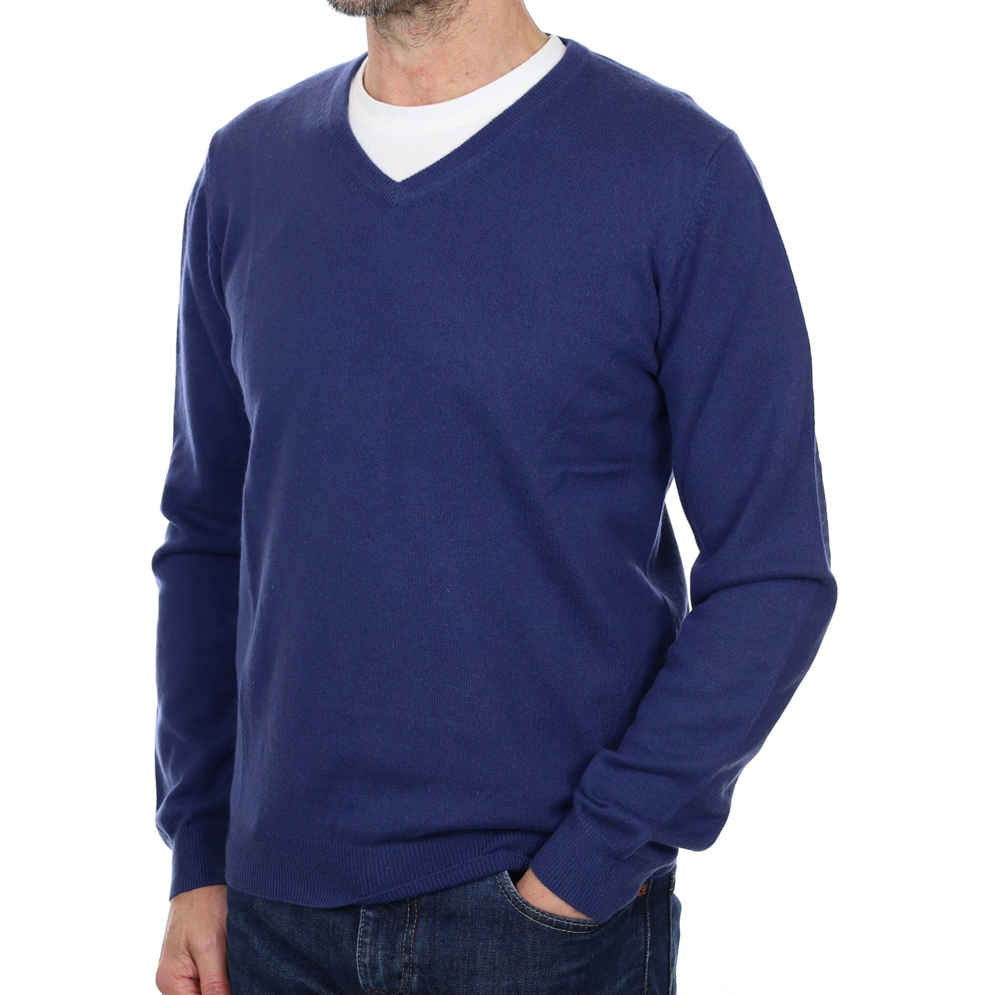 Men's Deep Denim Blue Cashmere V Neck Jumper Small