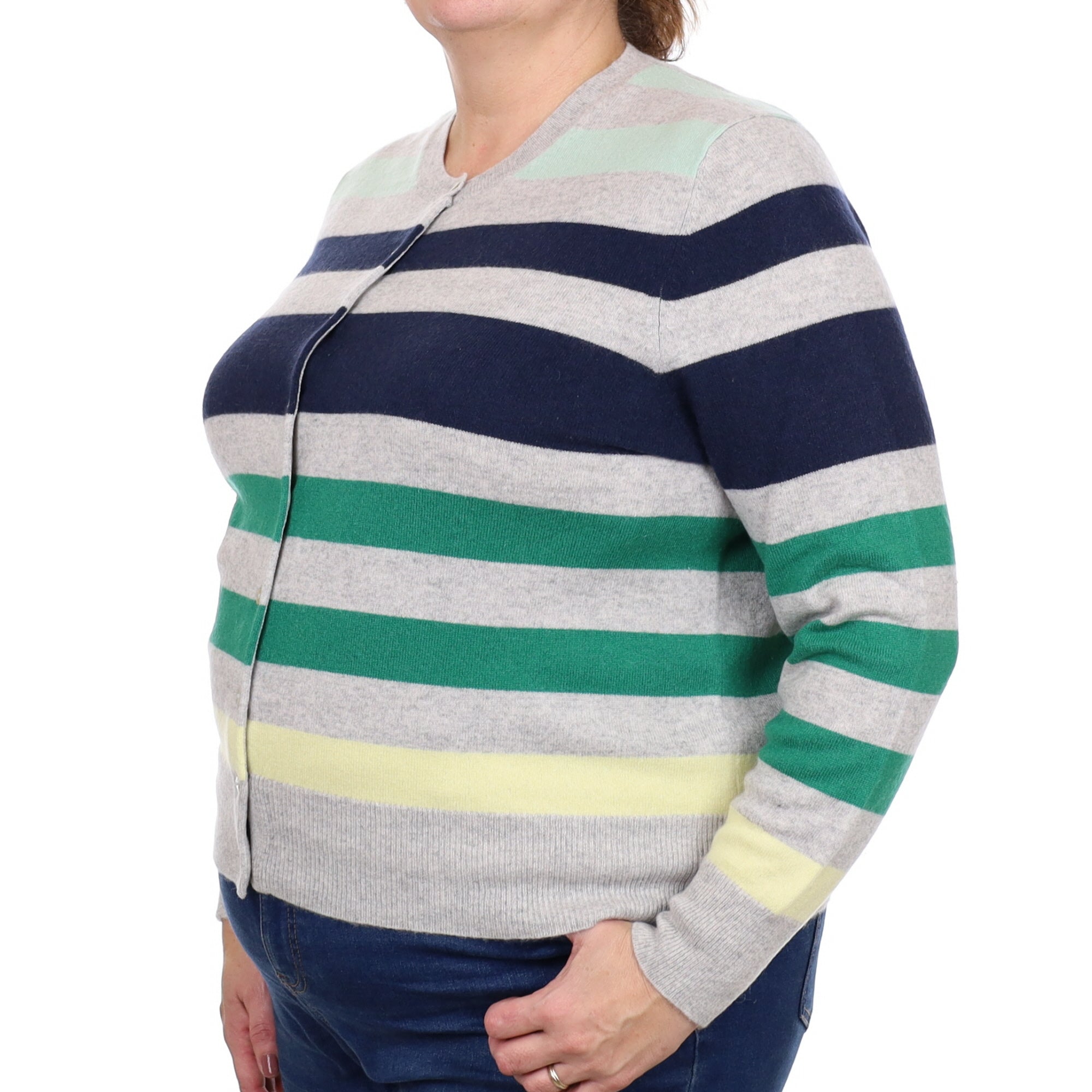 Grey and Green Stripe Cashmere Crew Neck Cardigan Extra Large