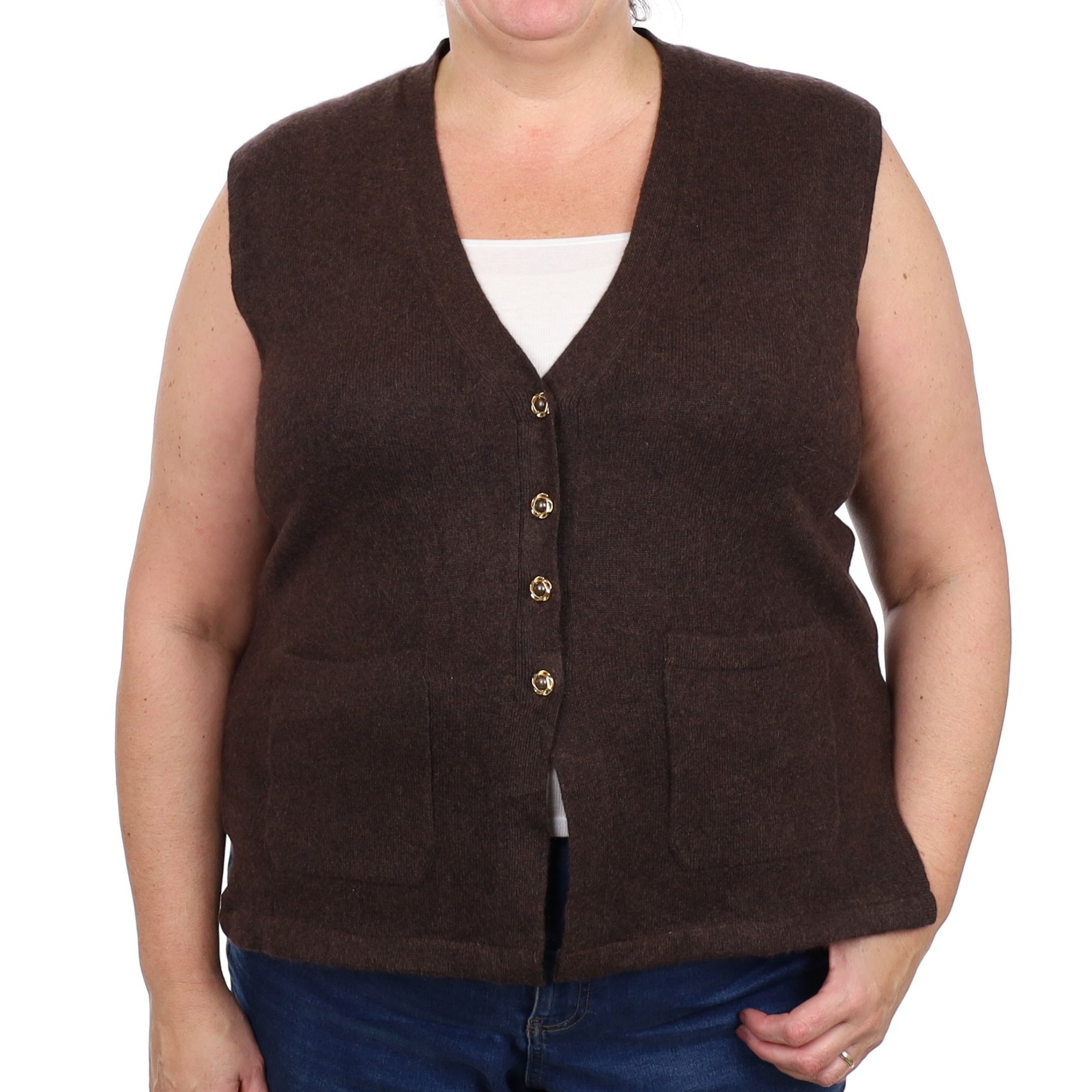 Peppercorn Brown Cashmere V Neck Waistcoat with Pockets Extra Large