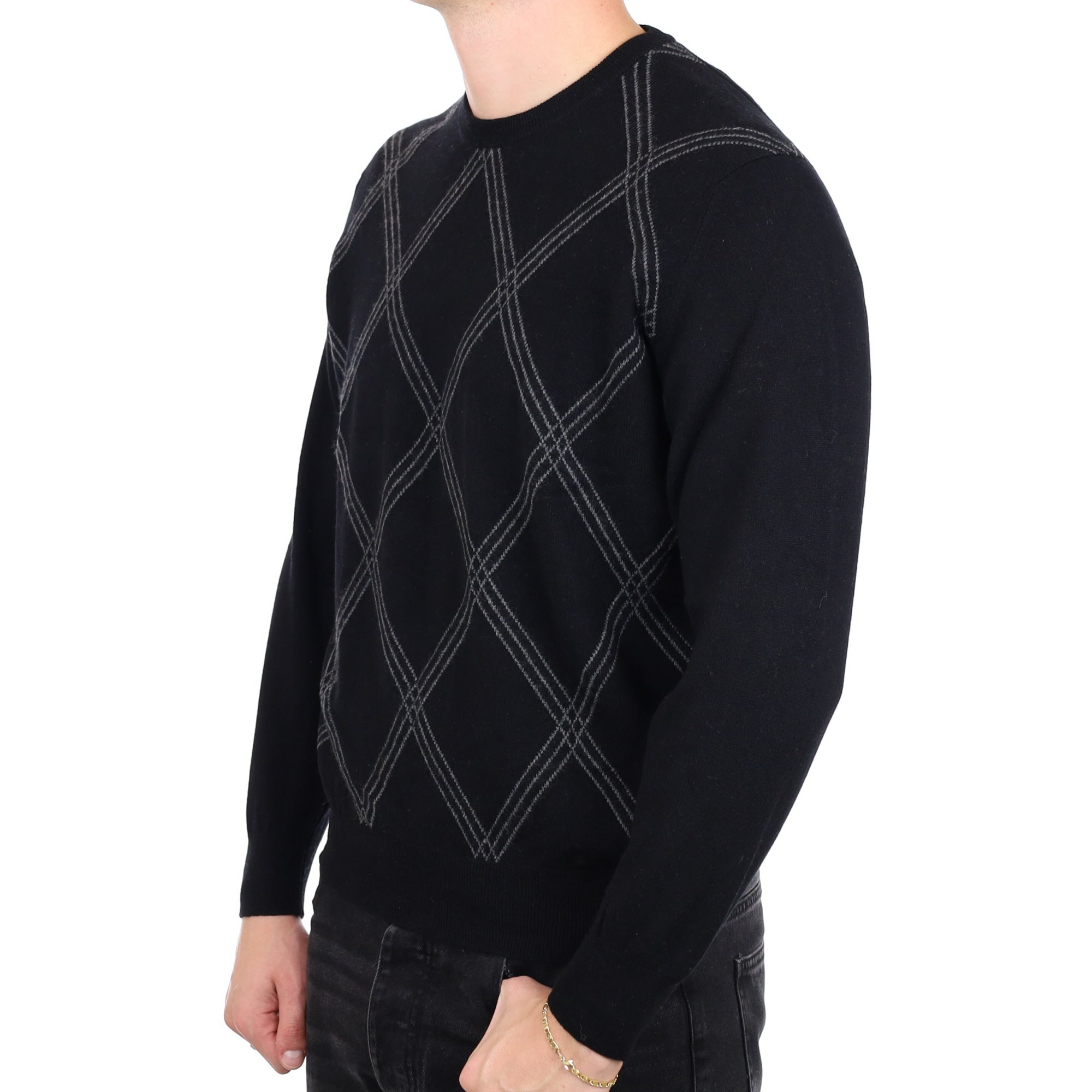 Men's Black Patterned Cashmere Crew Neck Jumper XL