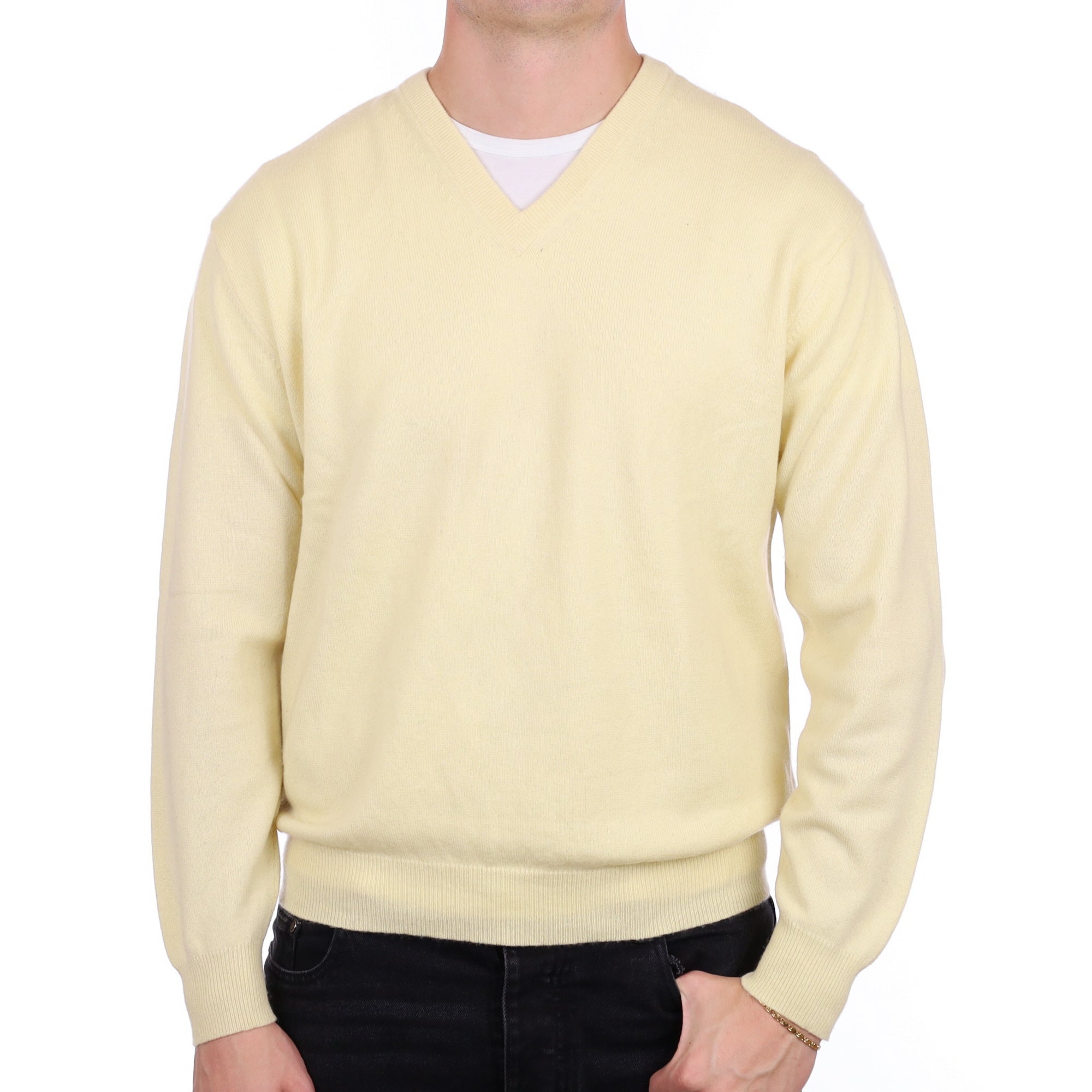 Men's Primrose Yellow Cashmere V Neck Jumper XL