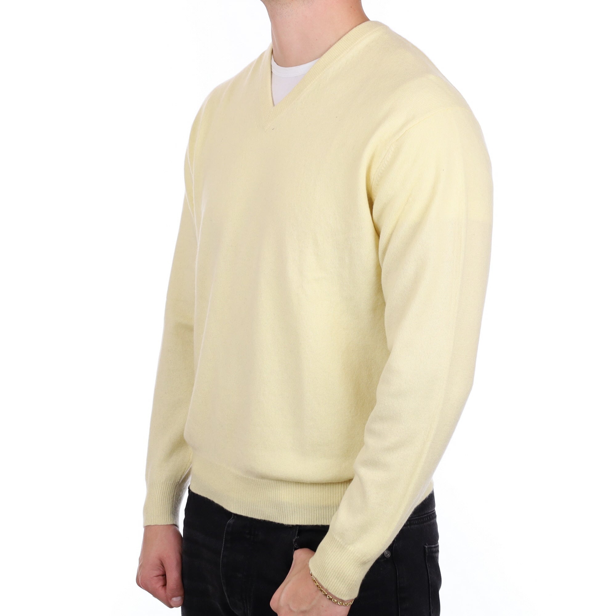 Men's Primrose Yellow Cashmere V Neck Jumper XL