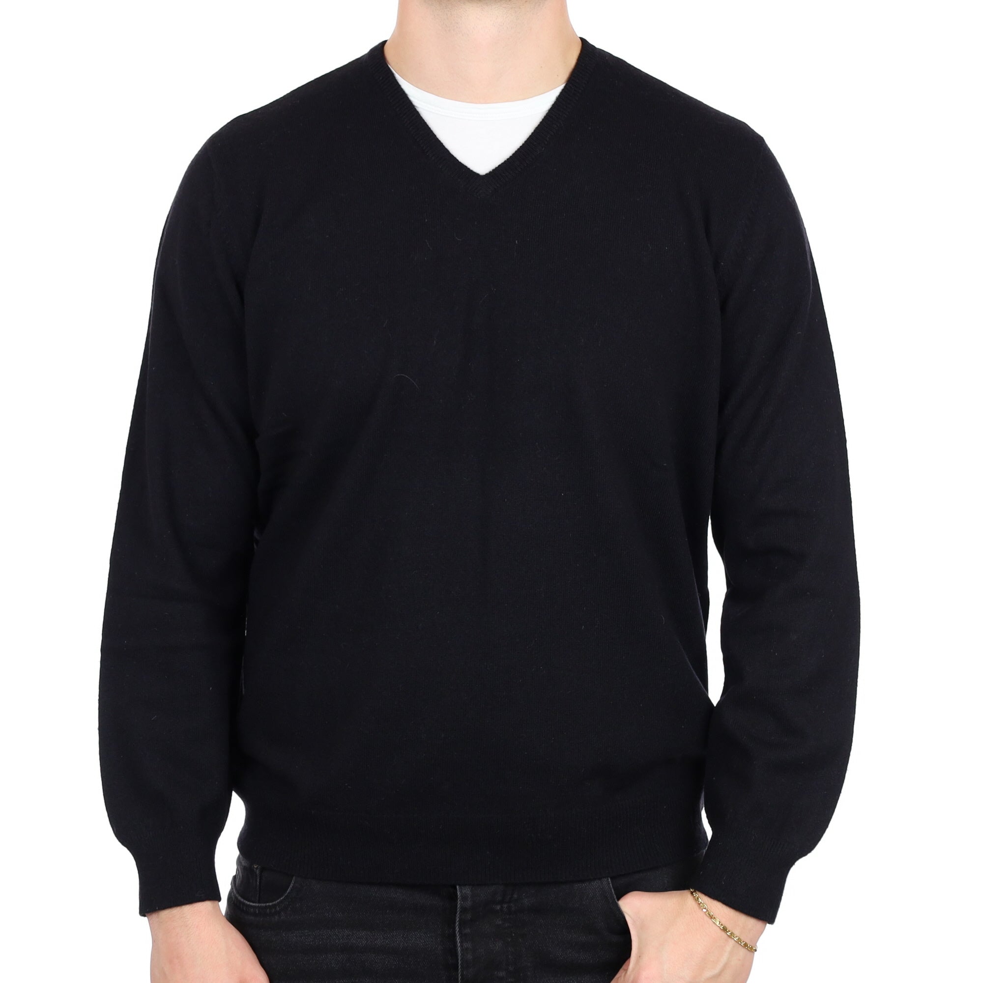 Men's Black Cashmere V Neck Jumper XXL