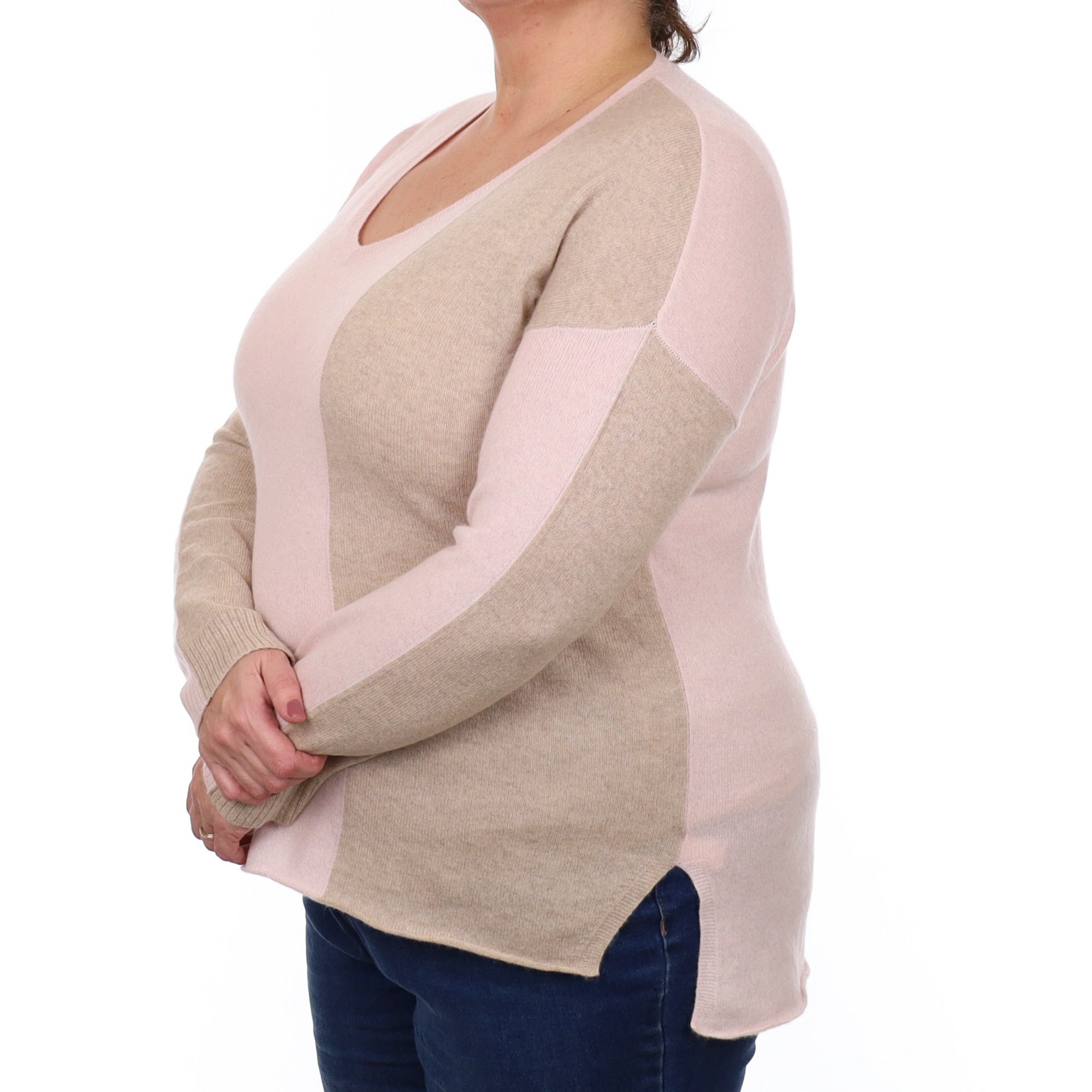 Pale Pink and Fawn Beige Cashmere V Neck Jumper Extra Large